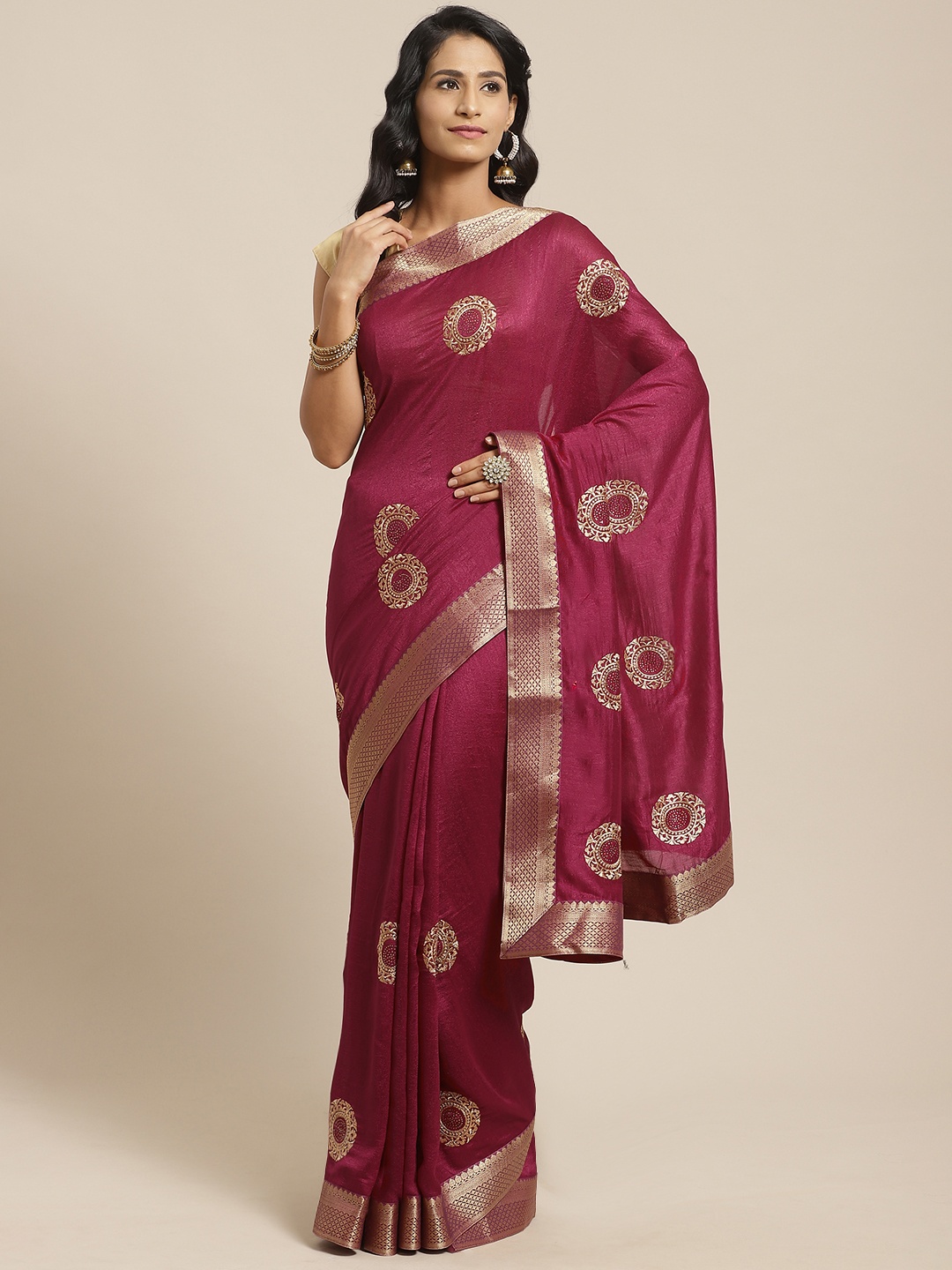 

Kalista Burgundy & Golden Ethnic Embroidered Saree