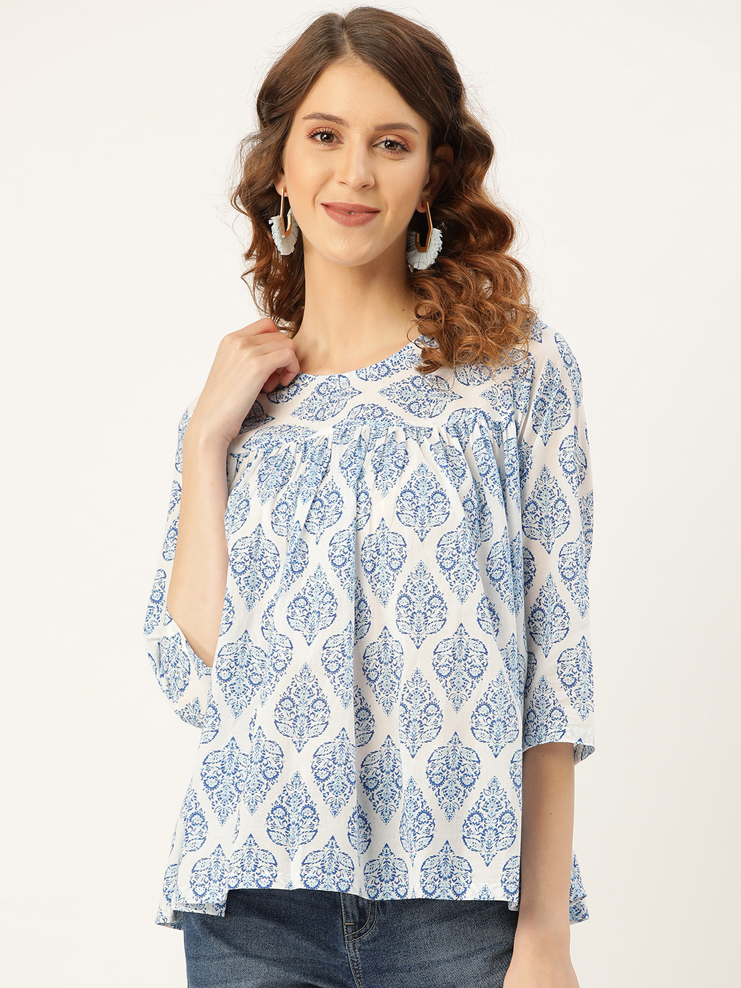 

Shae by SASSAFRAS Women White & Blue Printed A-Line Pure Cotton Top