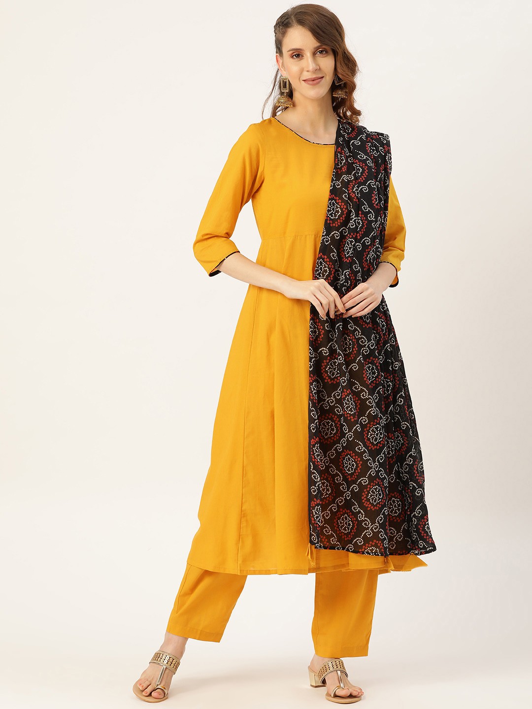 

Shae by SASSAFRAS Women Mustard Yellow & Black Solid Kurta with Trousers & Bandhej Dupatta