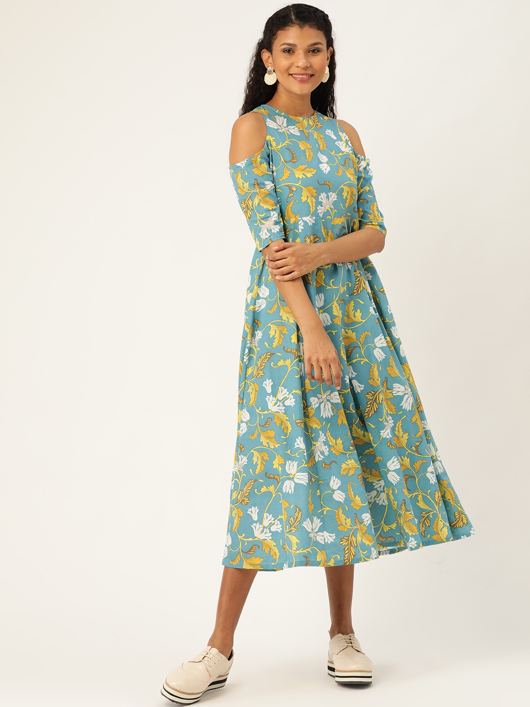 

Shae by SASSAFRAS Women Blue & Yellow Printed Cold-Shoulder A-Line Dress