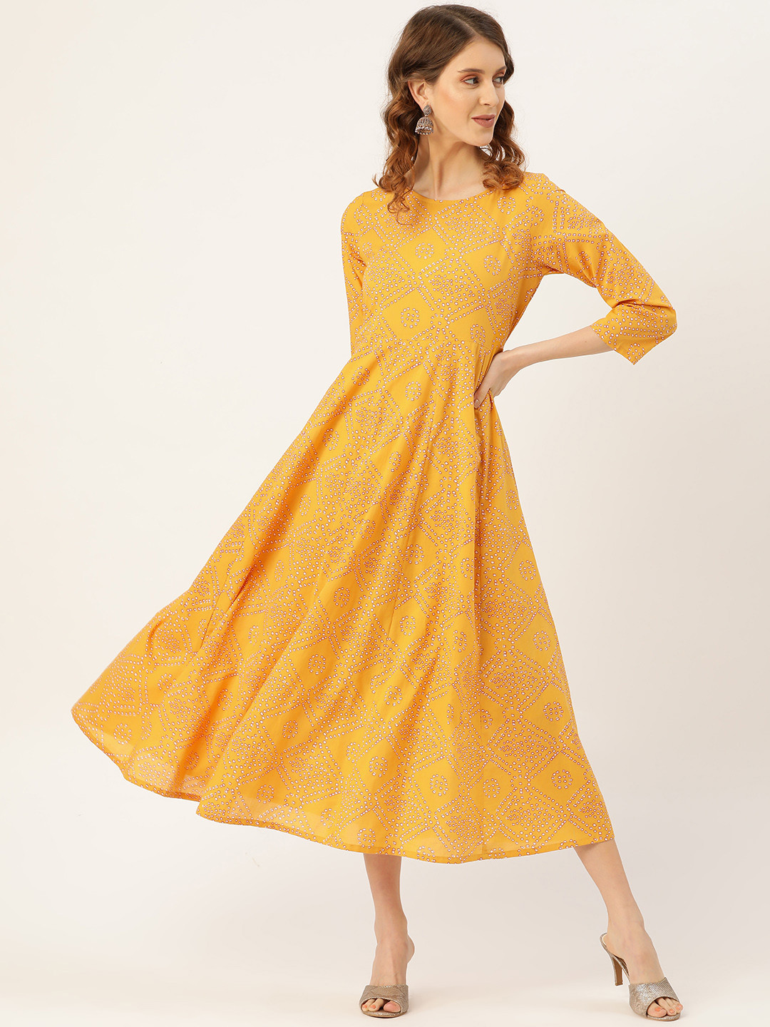 

Shae by SASSAFRAS Women Mustard Yellow Bandhani Print A-Line Dress
