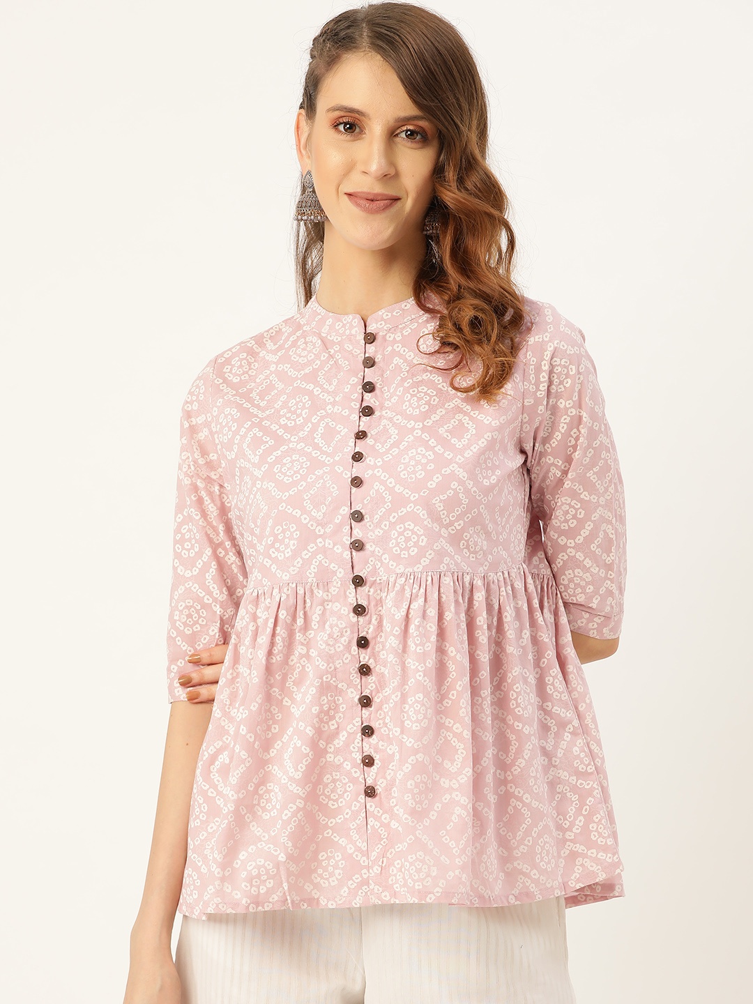 

Shae by SASSAFRAS Women Pink & White Bandhej Print A-Line Pure Cotton Top