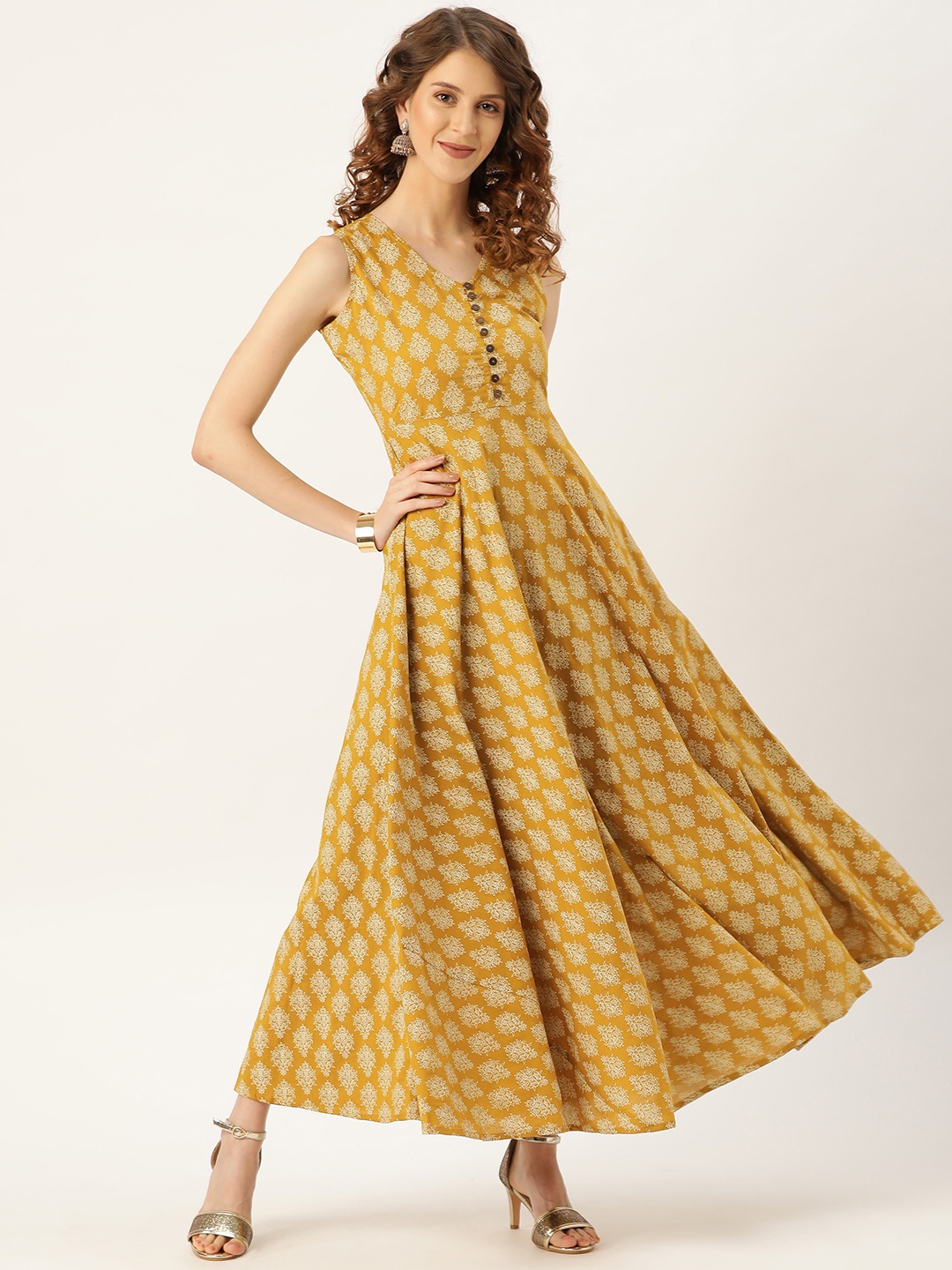 

Shae by SASSAFRAS Women Mustard Brown & Off-White Printed Maxi Kurta Ethnic Dress
