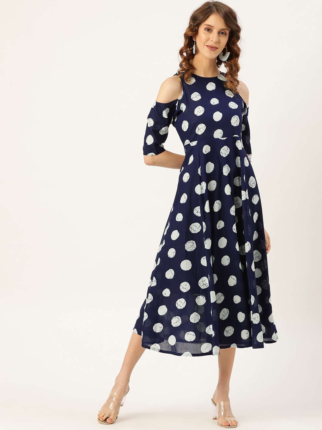 

Shae by SASSAFRAS Women Navy Printed Cold-Shoulder Midi Kurta Dress, Navy blue