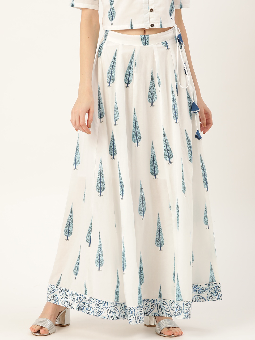 

Shae by SASSAFRAS White & Blue Leaf Print Maxi Flared Pure Cotton Skirt