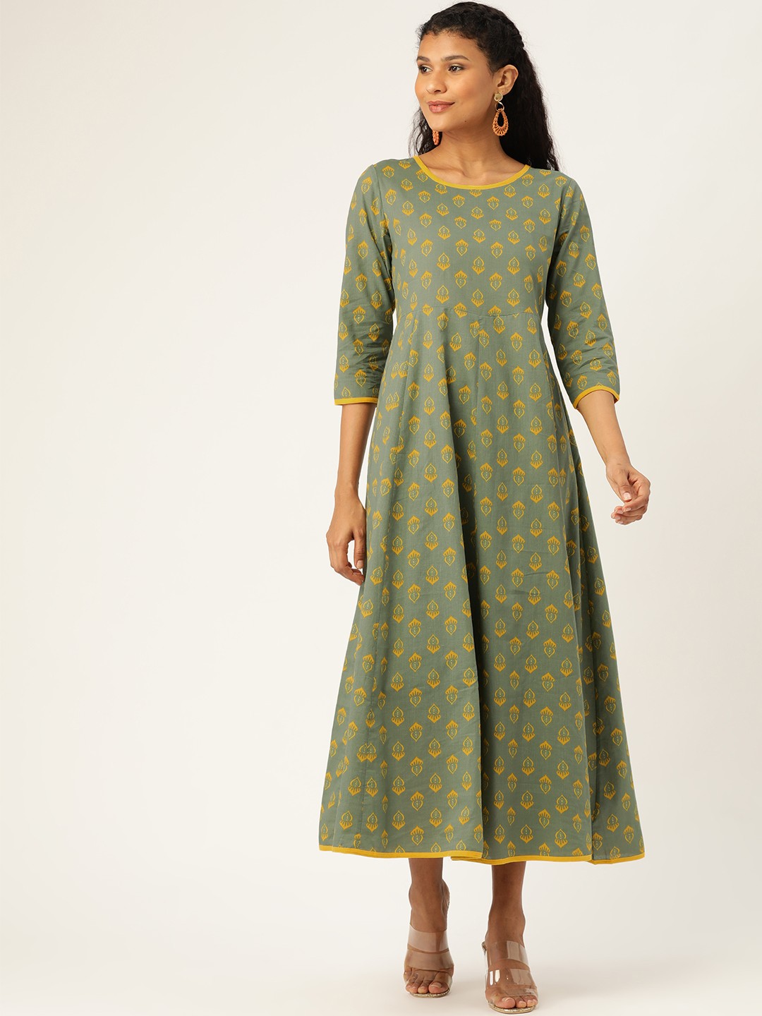 

Shae by SASSAFRAS Women Green & Mustard Yellow Printed A-line Dress