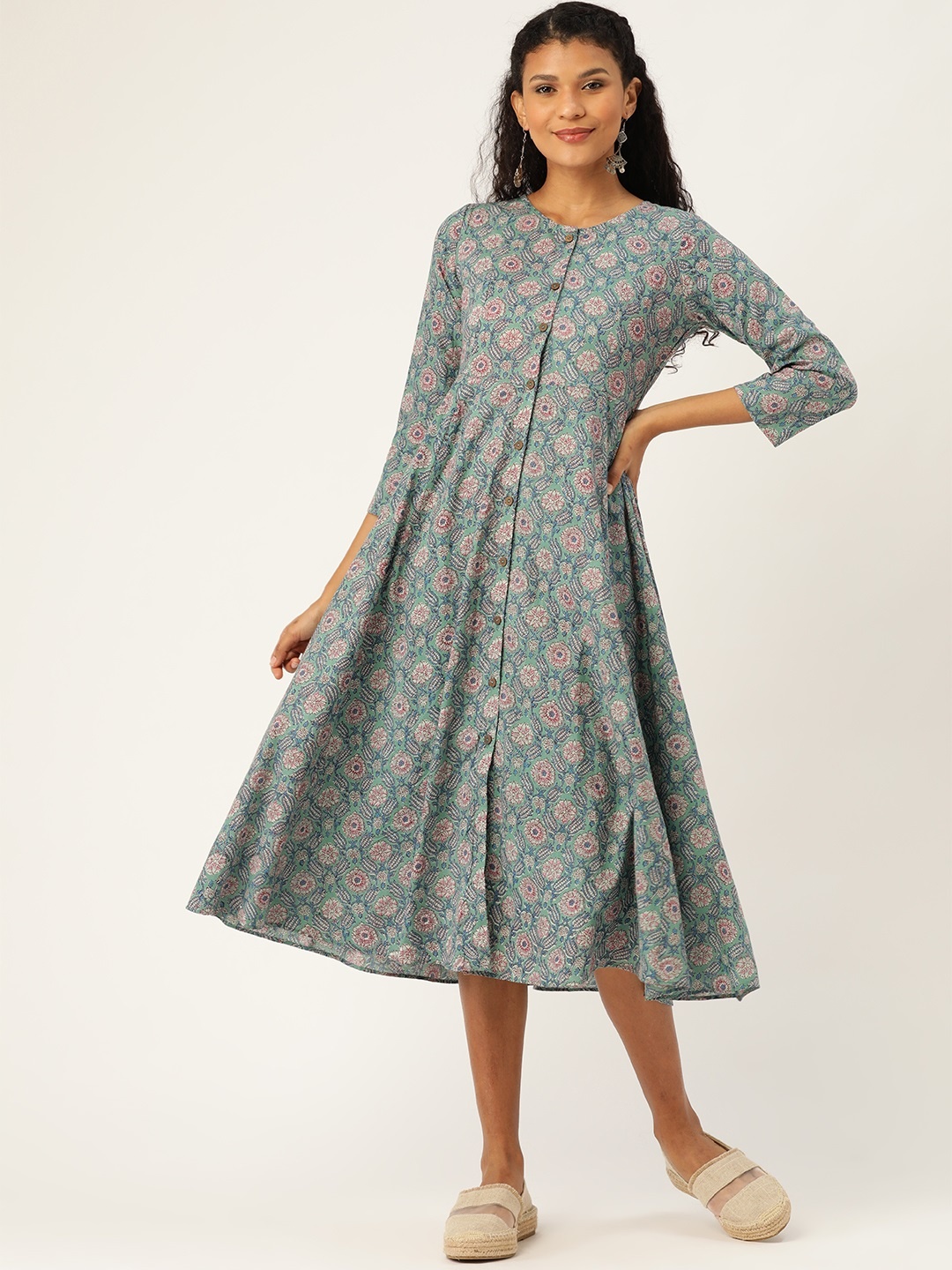 

Shae by SASSAFRAS Women Green & Pink Ethnic Print A-Line Dress