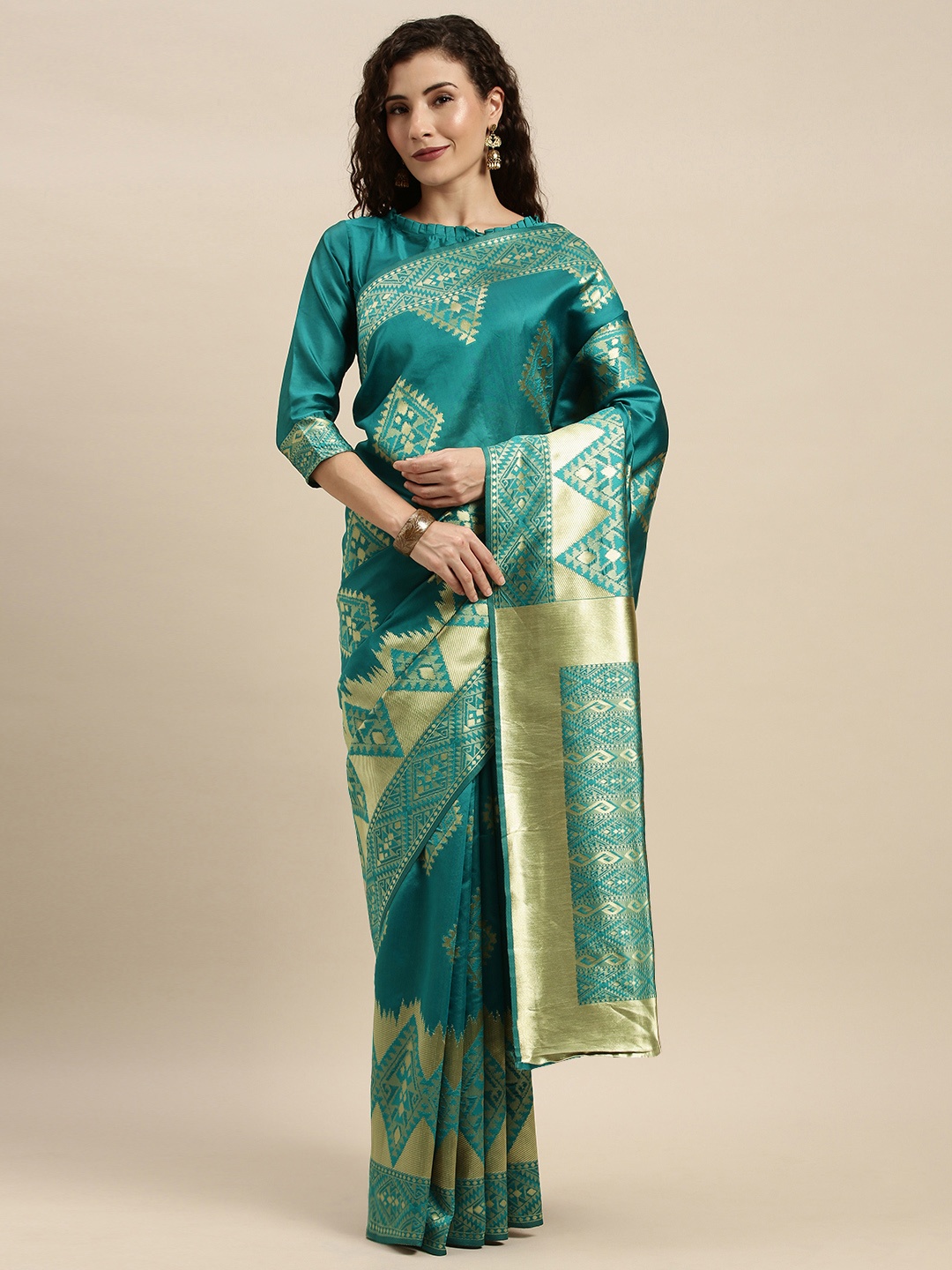 

KALINI Turquoise Blue & Gold-Toned Silk Blend Woven Design Kanjeevaram Saree