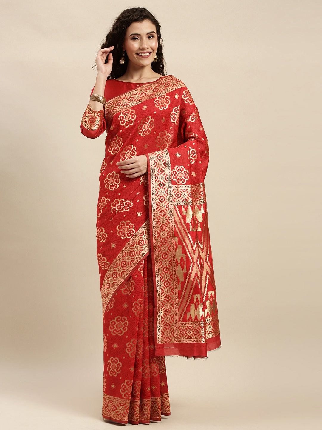 

KALINI Coral & Gold-Toned Silk Blend Woven Design Kanjeevaram Saree