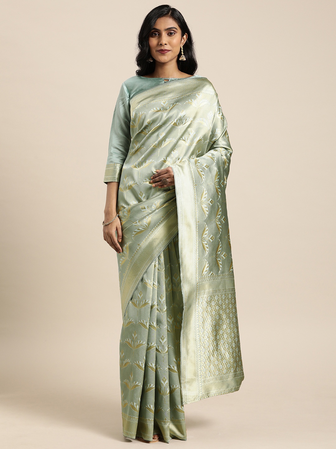 

KALINI Grey & Gold-Toned Silk Blend Woven Design Kanjeevaram Saree
