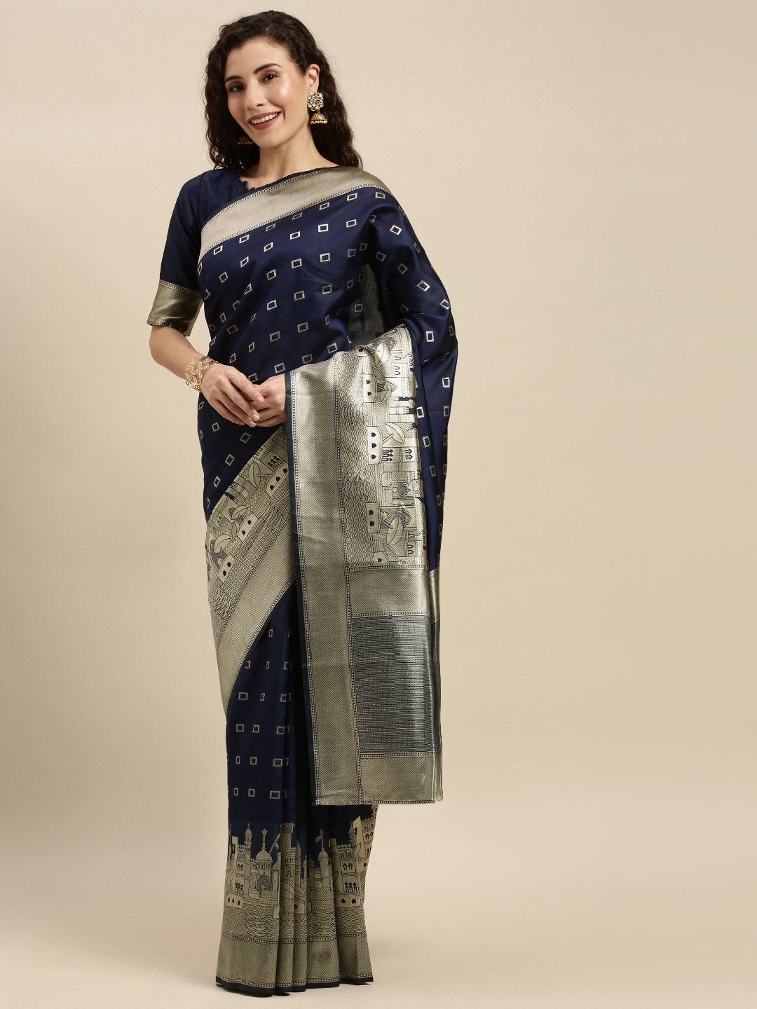 

KALINI Navy Blue & Gold-Toned Silk Blend Woven Design Kanjeevaram Saree