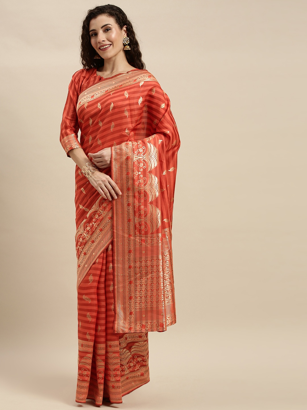 

KALINI Orange & Gold-Toned Silk Blend Striped Kanjeevaram Saree