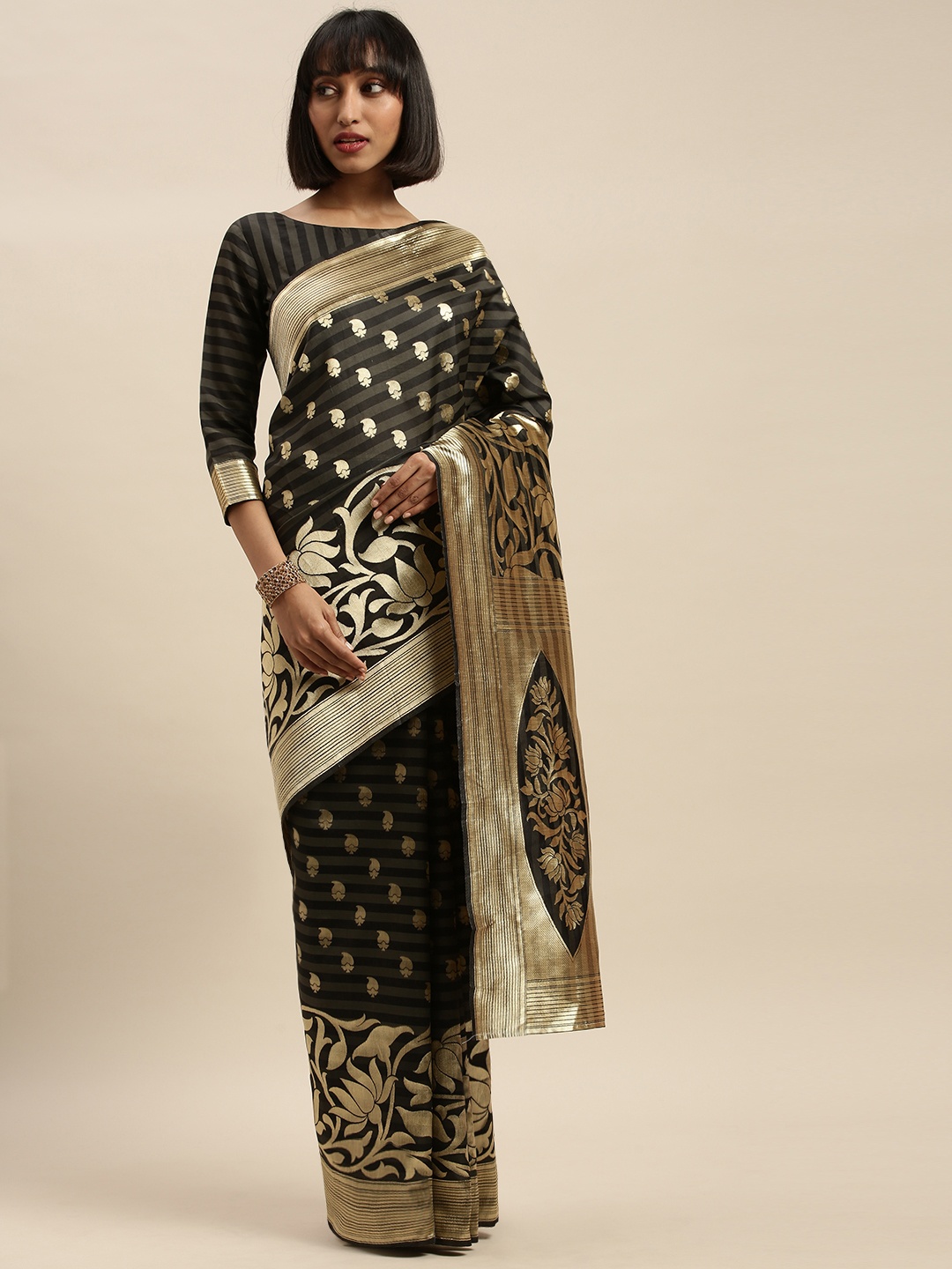 

KALINI Black & Gold-Toned Silk Blend Woven Design Kanjeevaram Saree
