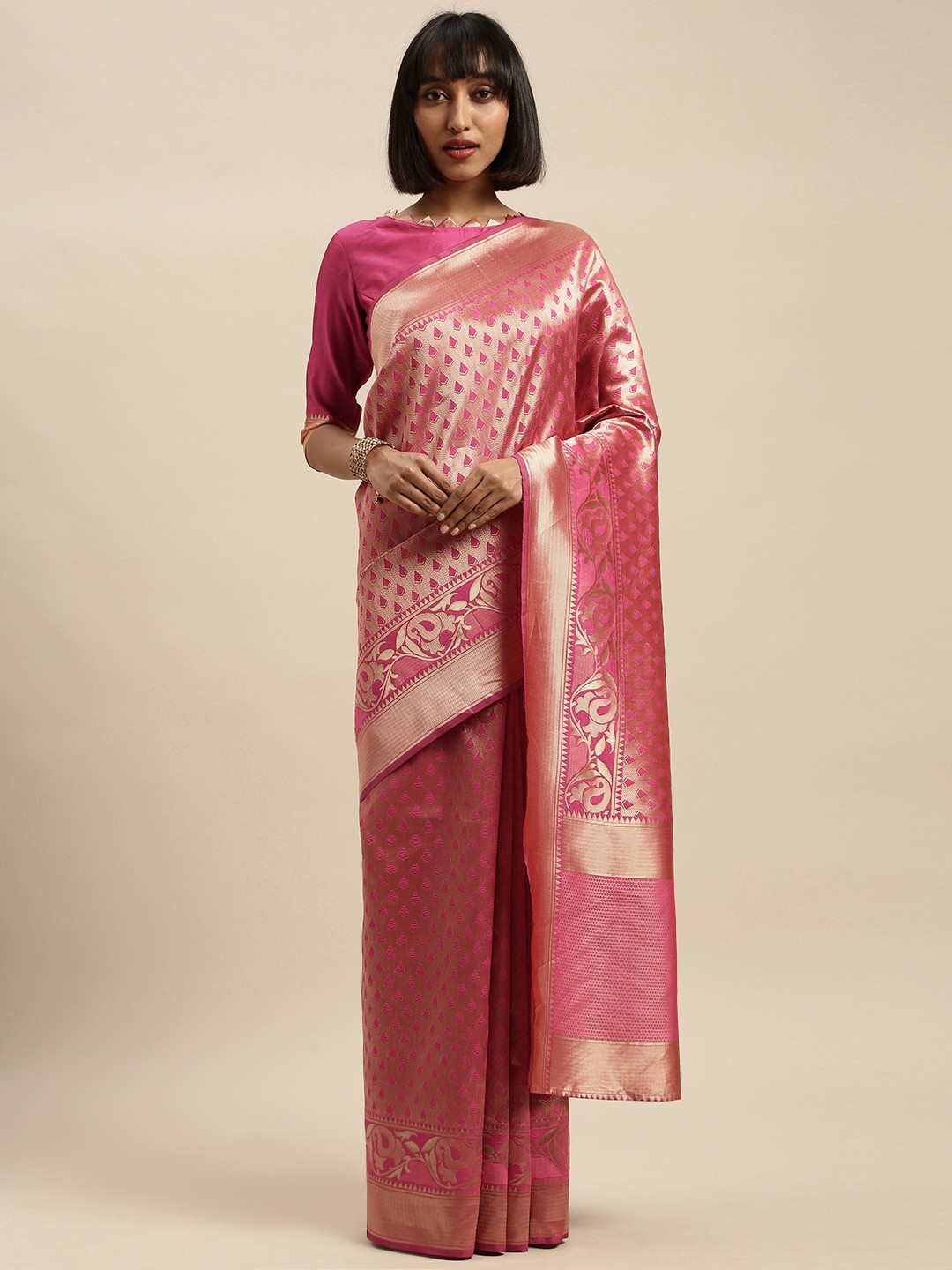 

KALINI Pink & Gold-Toned Silk Blend Woven Design Kanjeevaram Saree