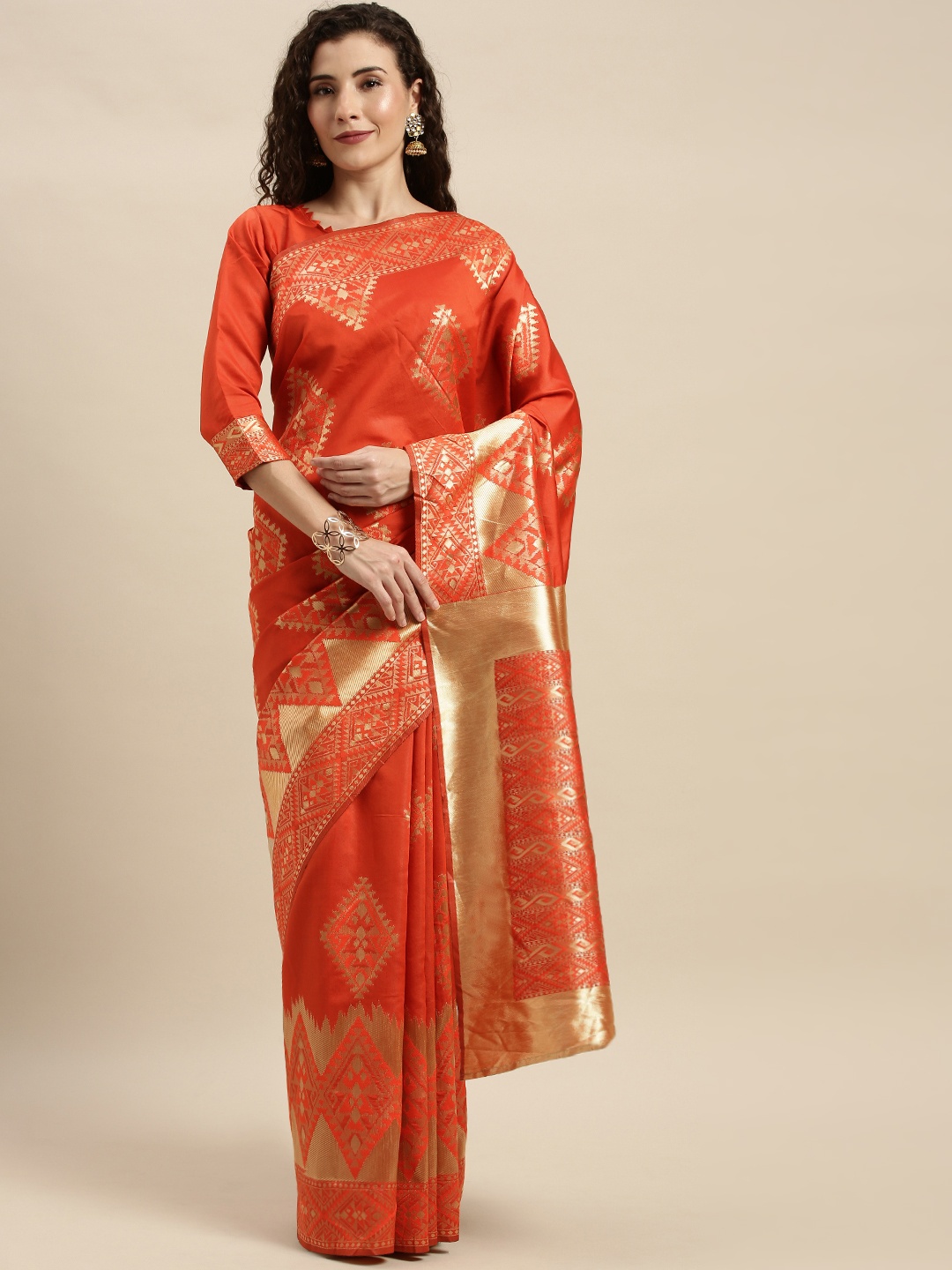 

KALINI Orange & Golden Silk Blend Woven Design Kanjeevaram Saree