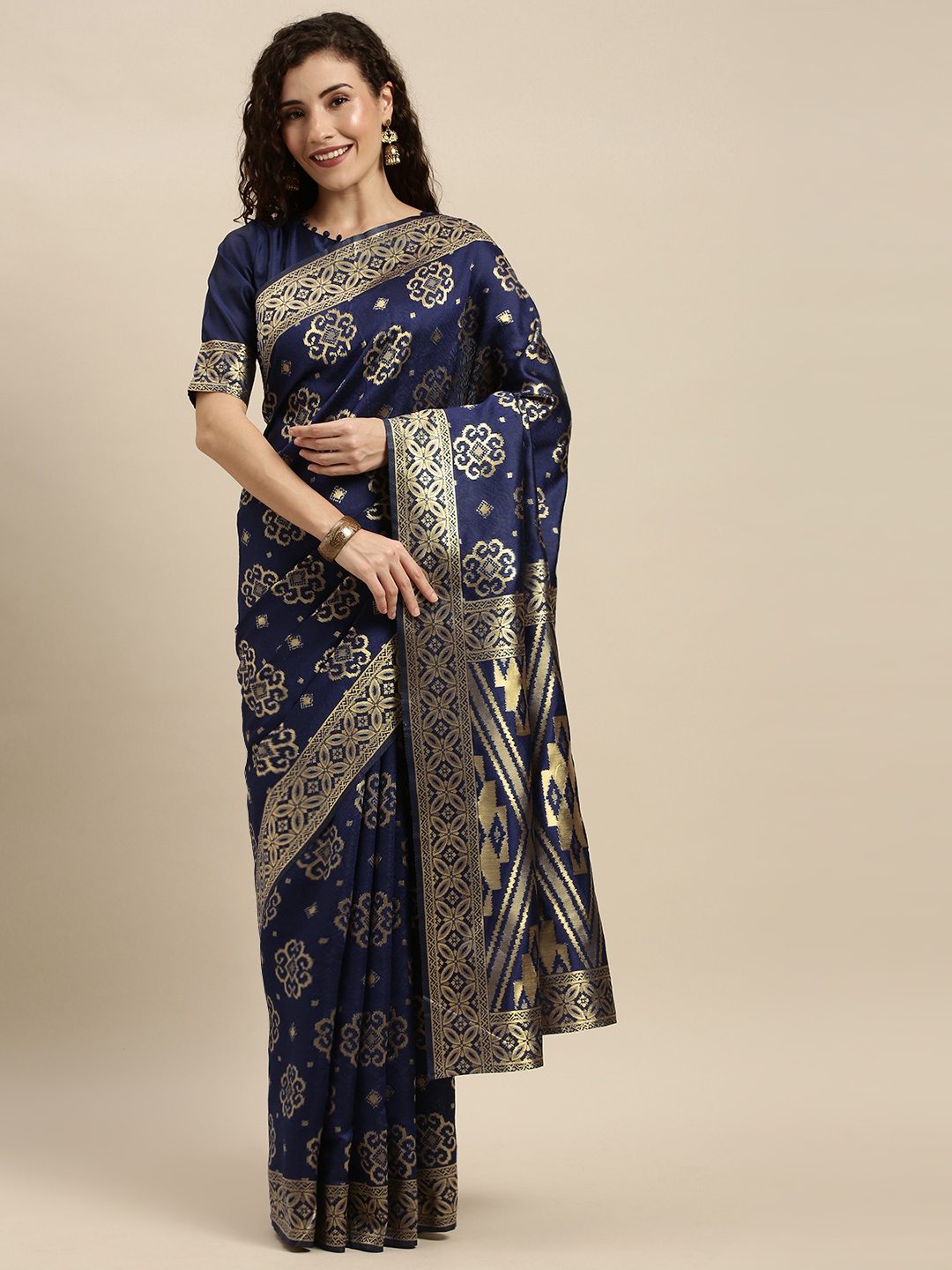 

KALINI Navy Blue & Gold-Toned Silk Blend Woven Design Kanjeevaram Saree
