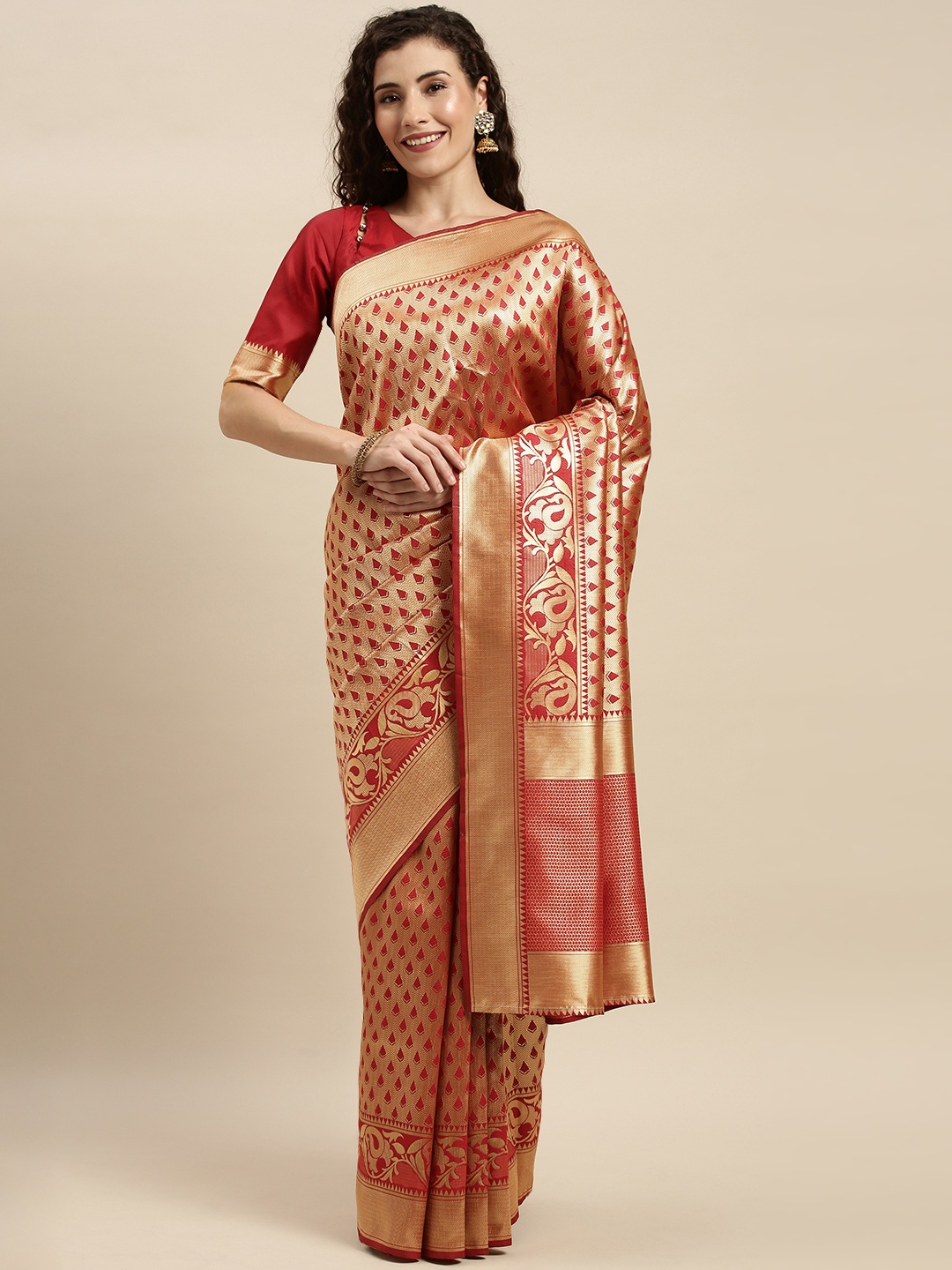 

KALINI Red & Gold-Toned Silk Blend Woven Design Kanjeevaram Saree