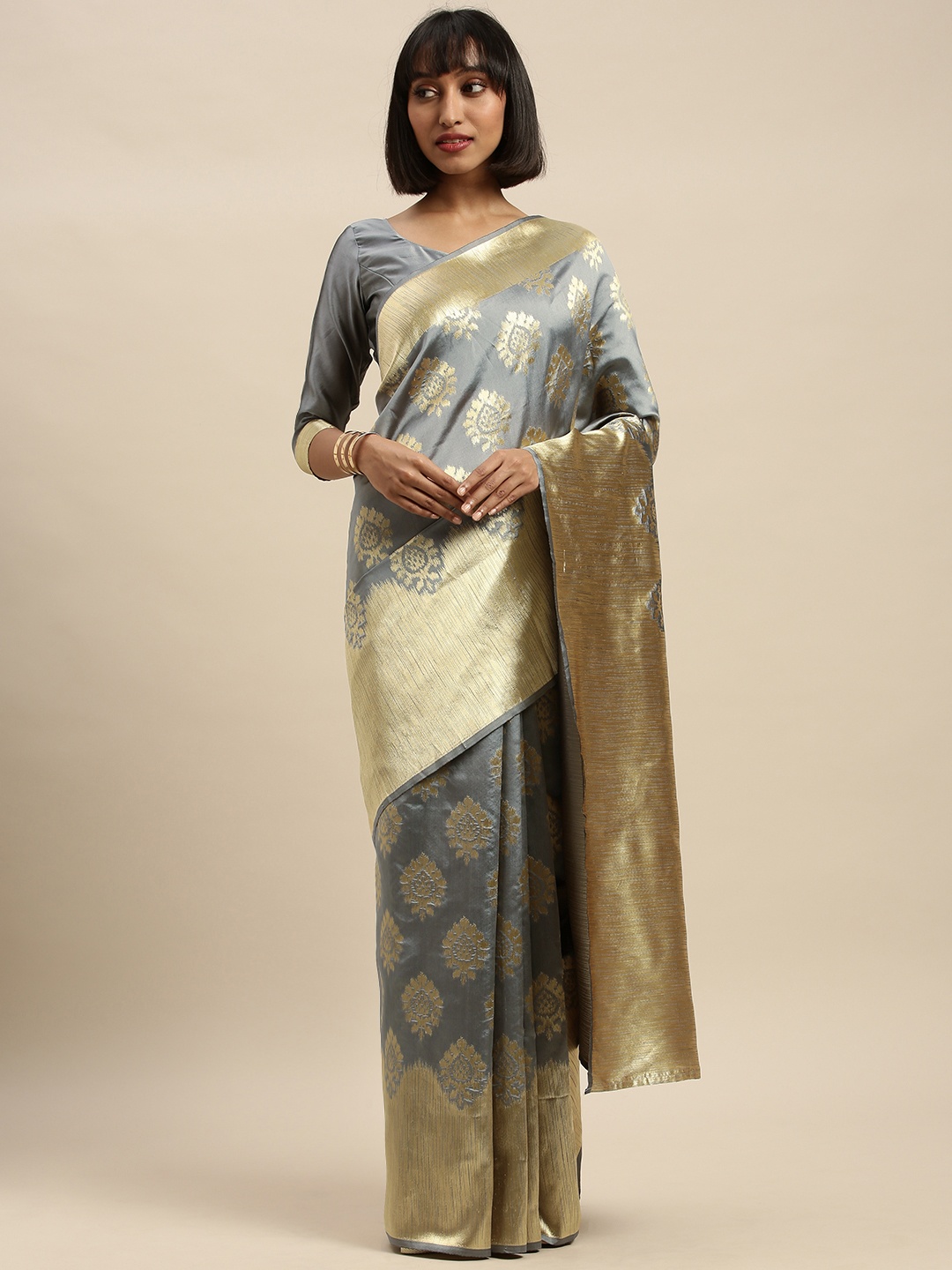 

KALINI Grey & Gold-Toned Silk Blend Woven Design Kanjeevaram Saree