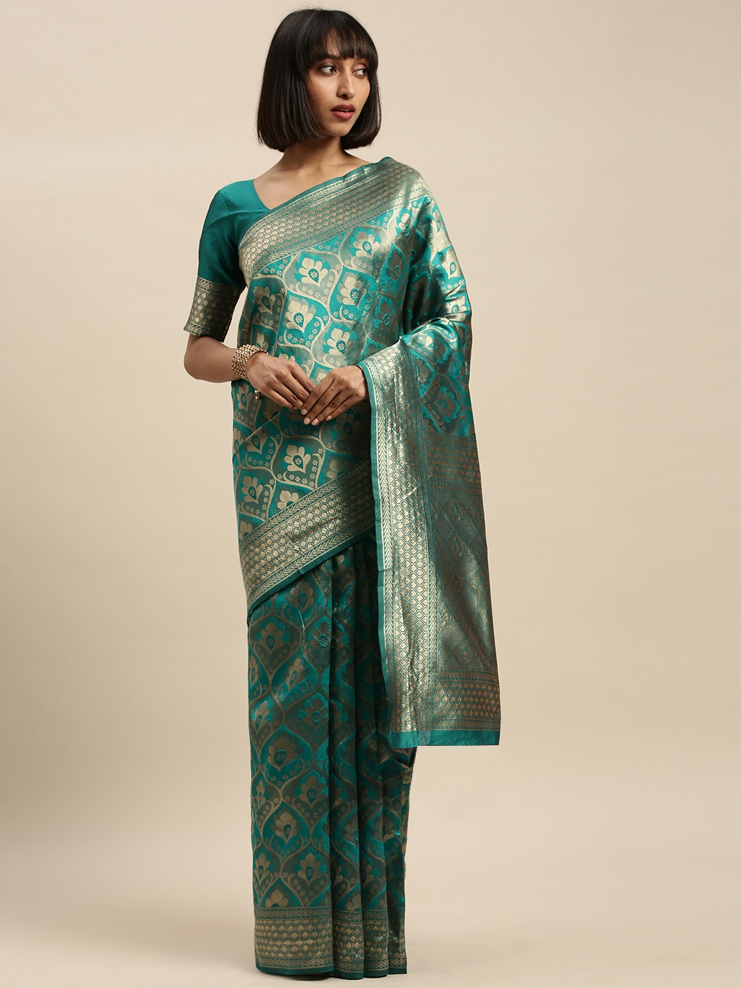 

KALINI Turquoise Blue & Gold-Toned Silk Blend Woven Design Kanjeevaram Saree