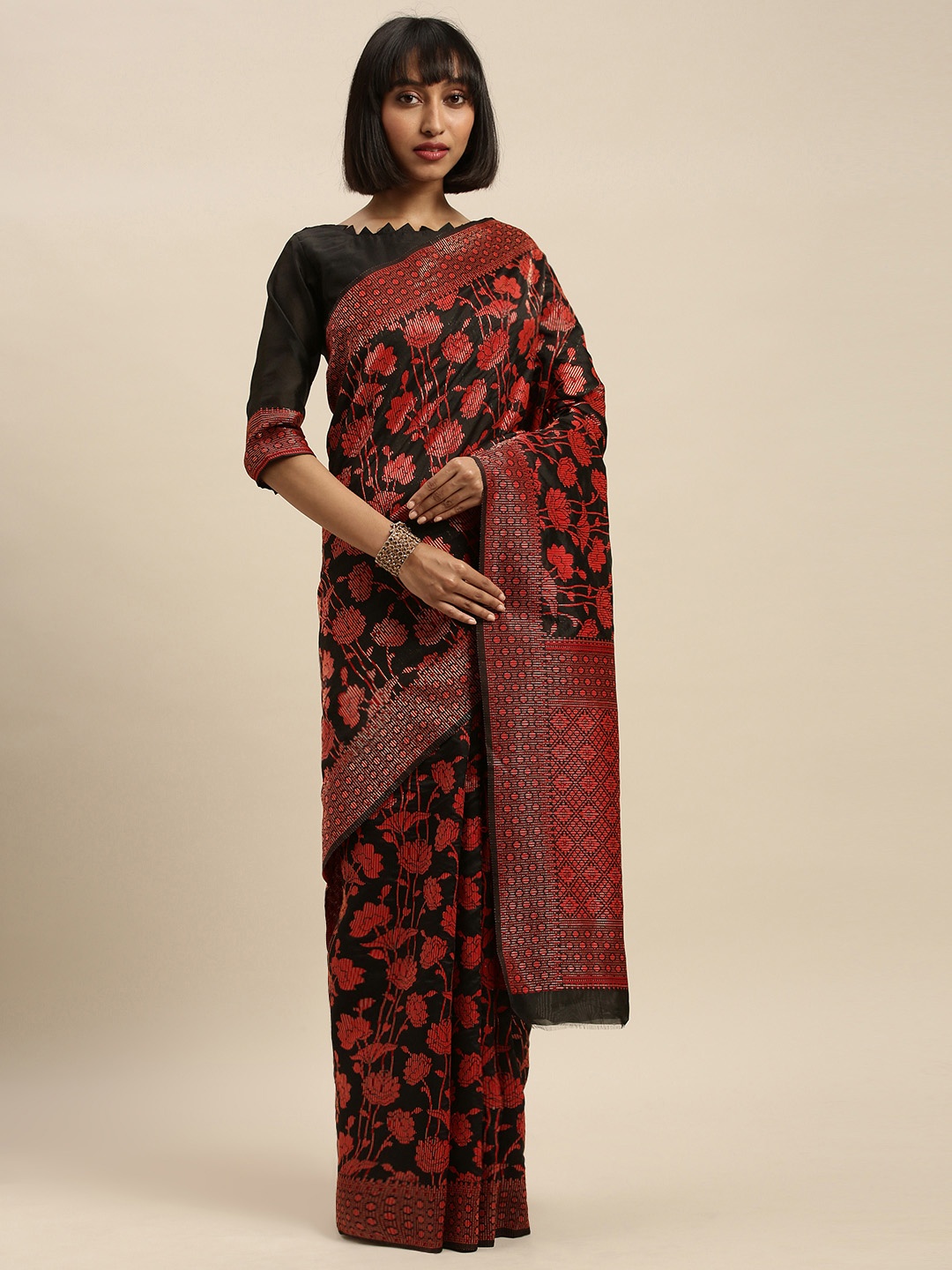 

KALINI Black & Red Silk Blend Woven Design Kanjeevaram Saree