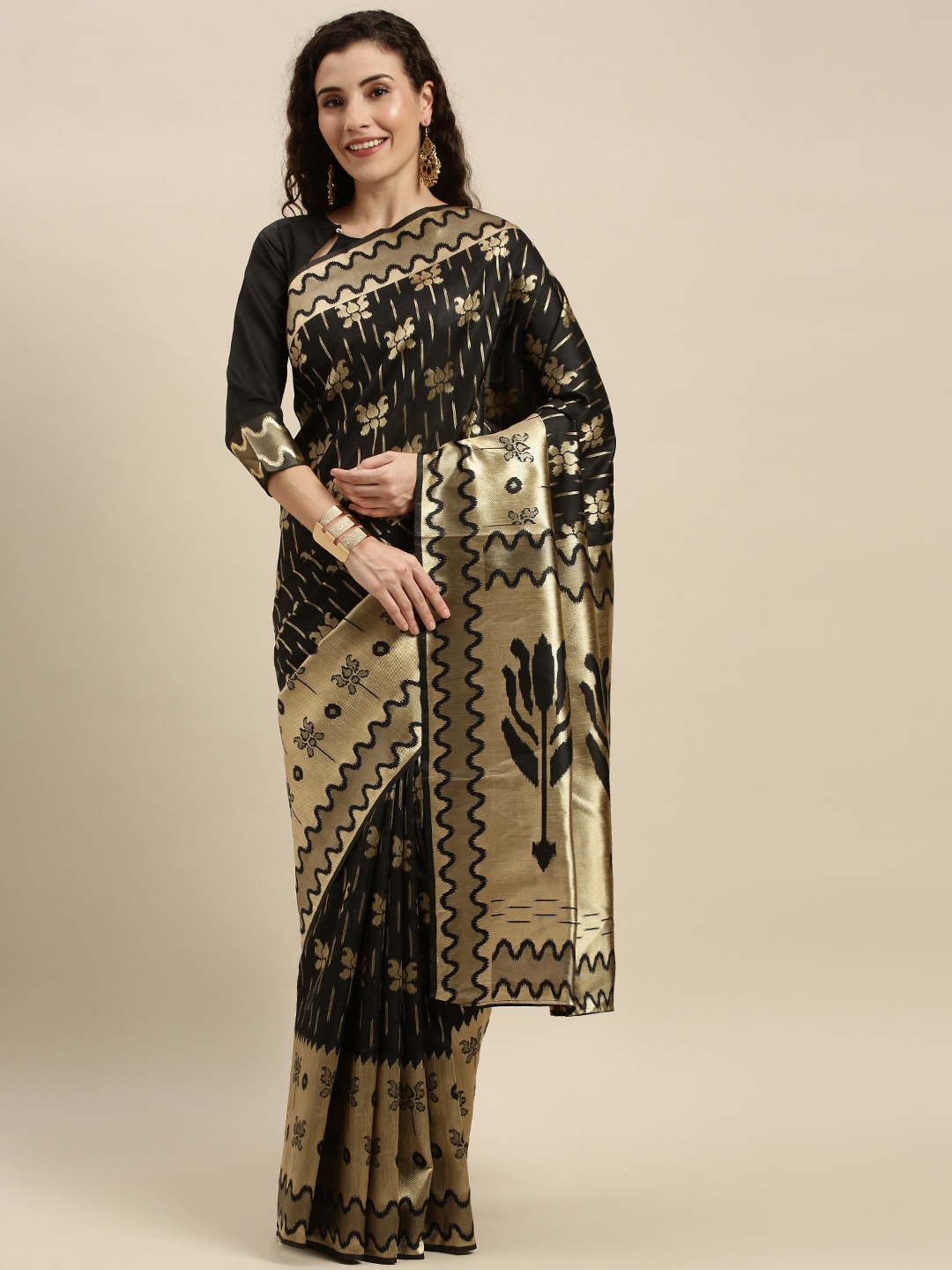 

KALINI Black & Gold-Coloured Silk Blend Woven Design Kanjeevaram Celebrity Saree