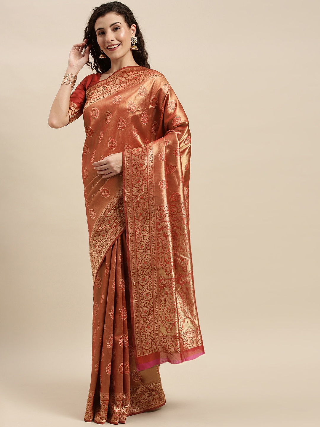 

KALINI Maroon & Gold-Toned Silk Blend Woven Design Kanjeevaram Saree