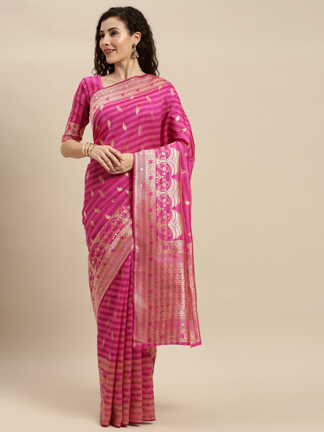 

KALINI Pink & Gold-Toned Silk Blend Striped Kanjeevaram Saree