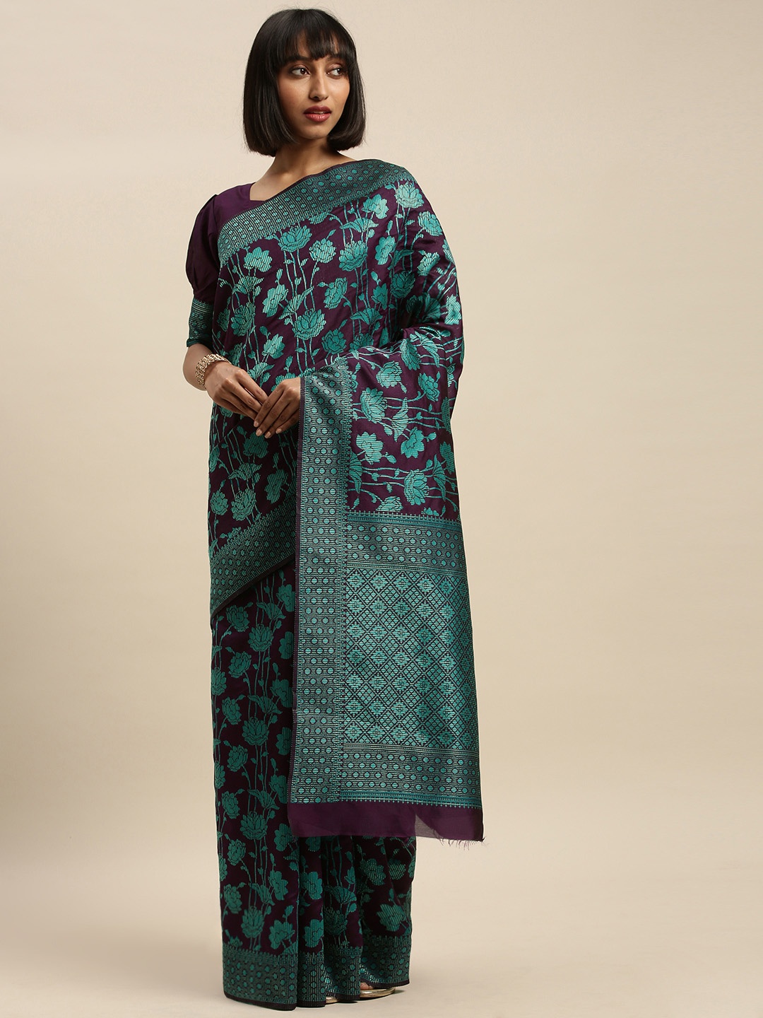 

KALINI Purple & Green Silk Blend Woven Design Kanjeevaram Saree