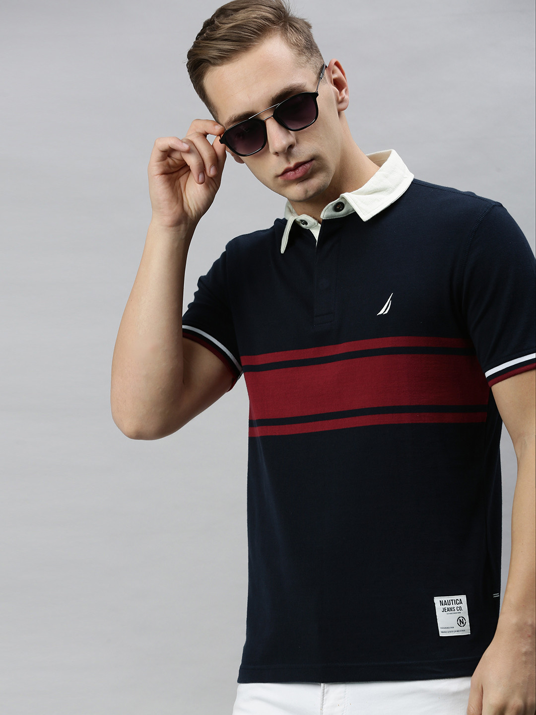 

Nautica Men Navy Blue Maroon Pure Cotton Striped Polo Collar Pure Cotton T-shirt