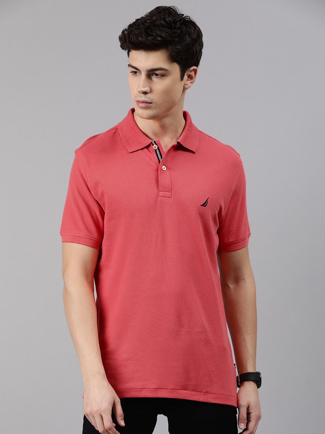 

Nautica Men Coral Pink Solid Slim Fit Polo Collar Pure Cotton T-shirt