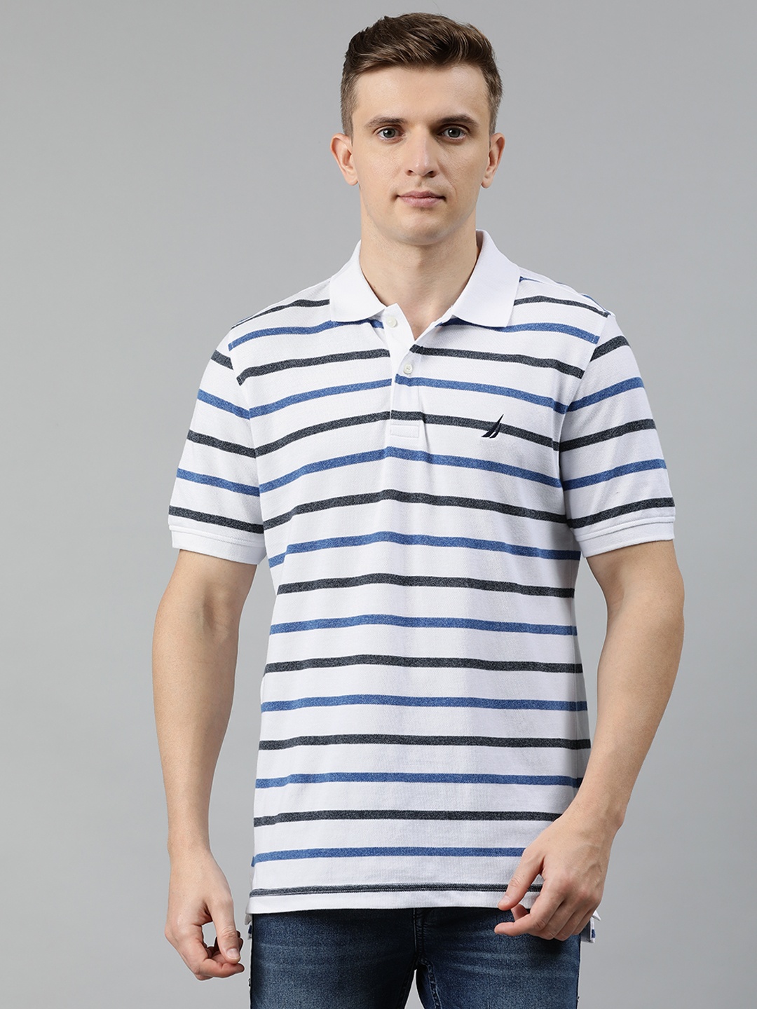 

Nautica Men White & White Striped Polo Collar T-shirt