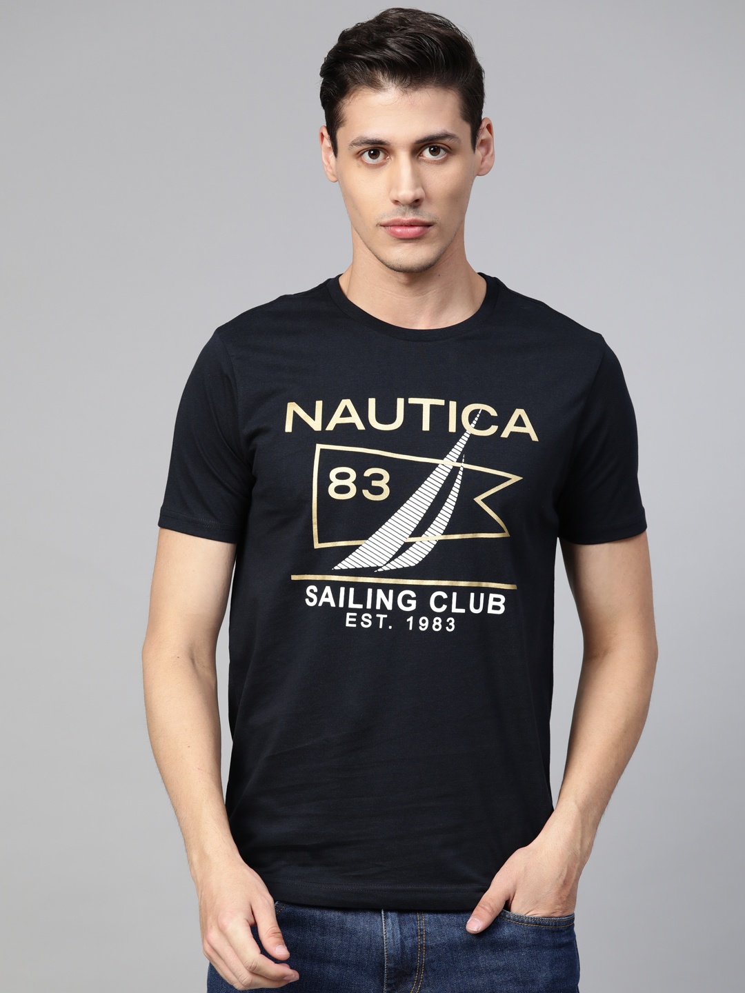 

Nautica Men Navy Blue & Golden Printed Round Neck T-shirt