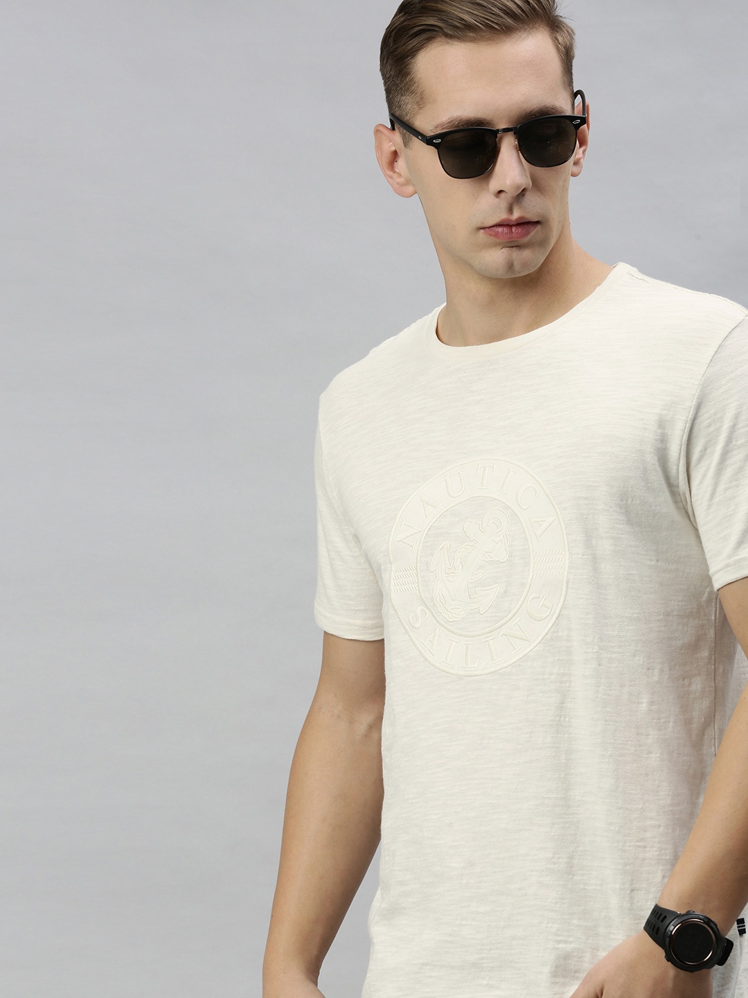 

Nautica Men Off-White Pure Cotton Brand Logo Embroidered Round Neck Pure Cotton T-shirt