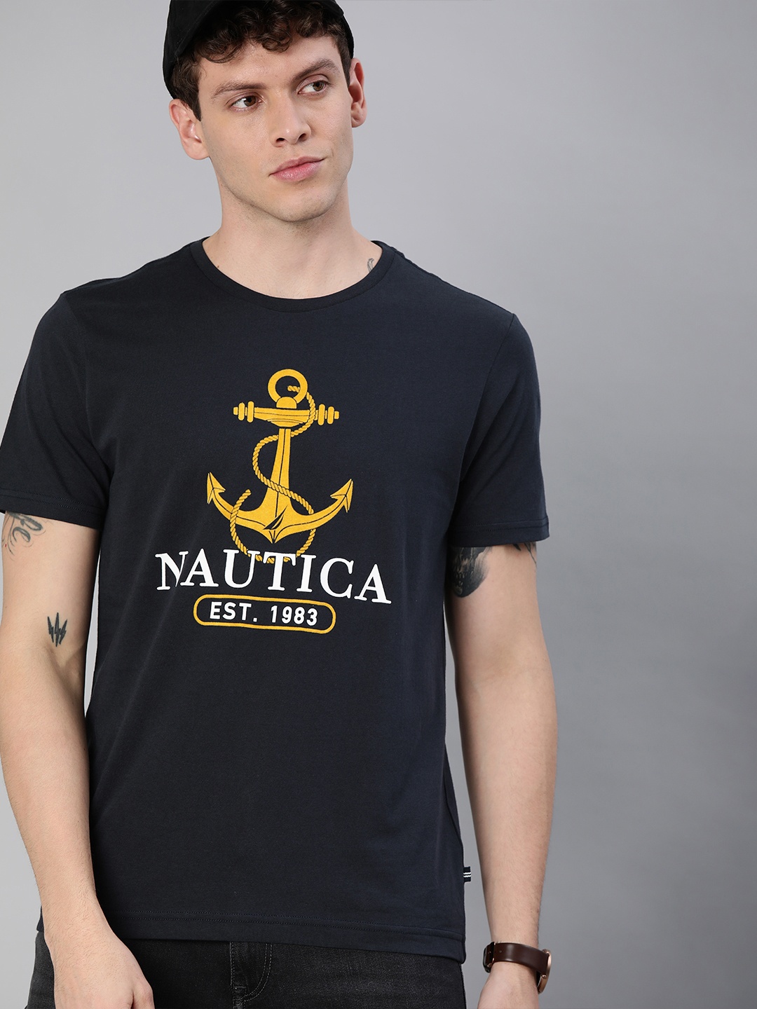

Nautica Men Navy Blue Printed Round Neck Pure Cotton T-shirt