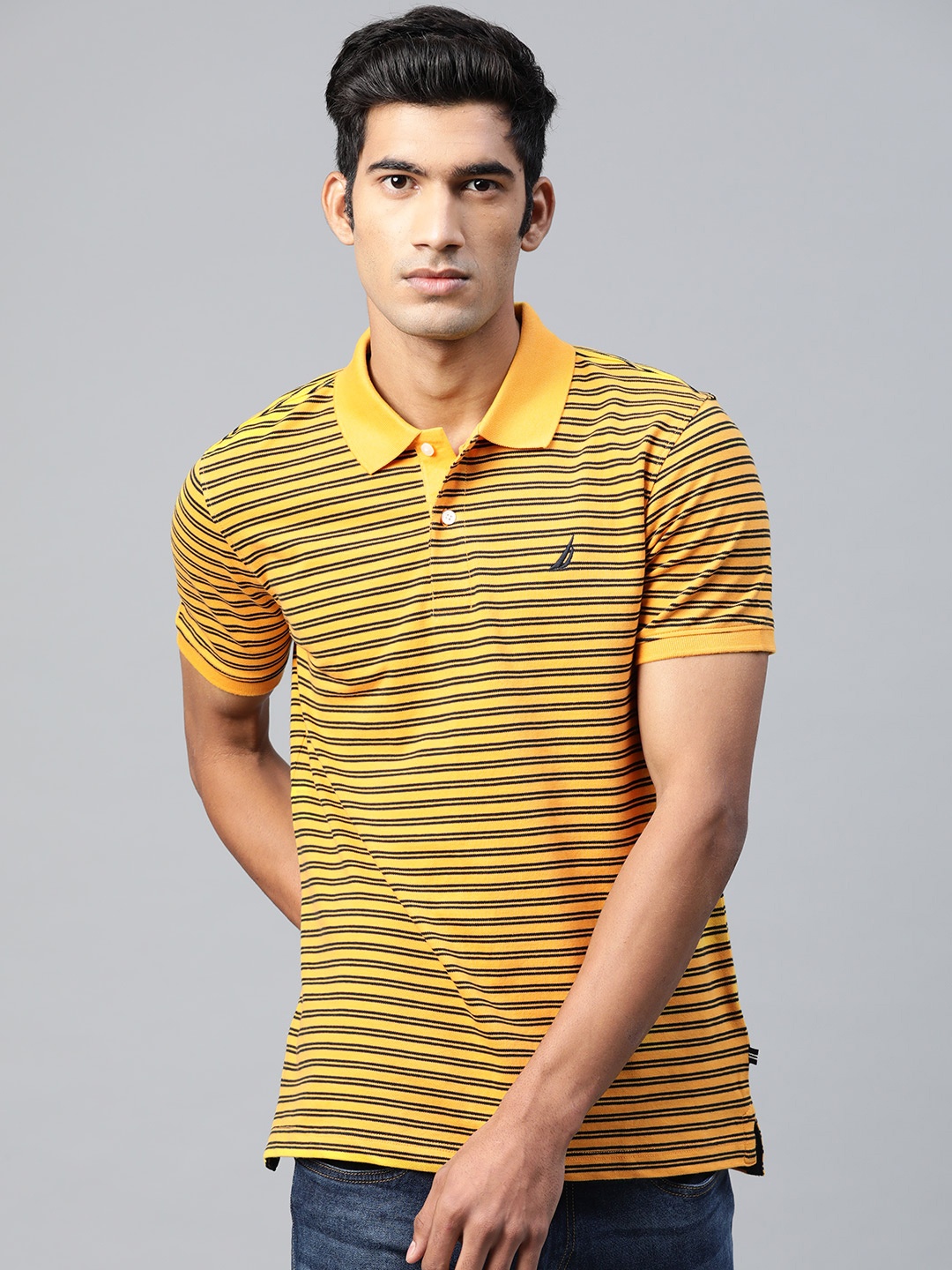 

Nautica Men Mustard Yellow & Black Striped Polo Collar T-shirt