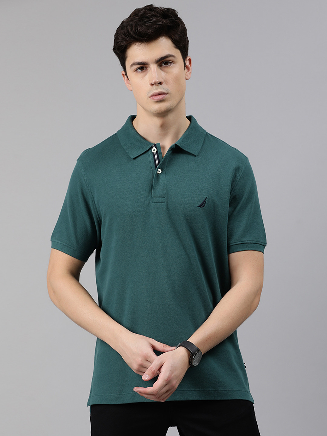 

Nautica Men Teal Green Solid Slim Fit Polo Collar Pure Cotton T-shirt