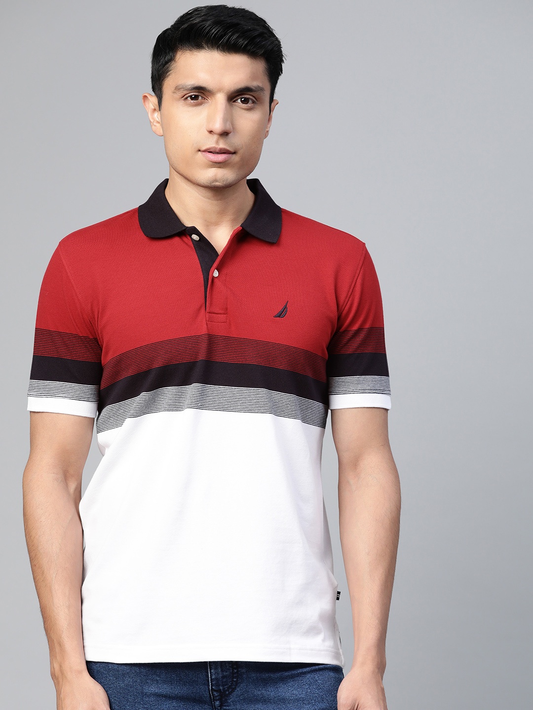 

Nautica Men Red & White Colourblocked Polo Collar T-shirt