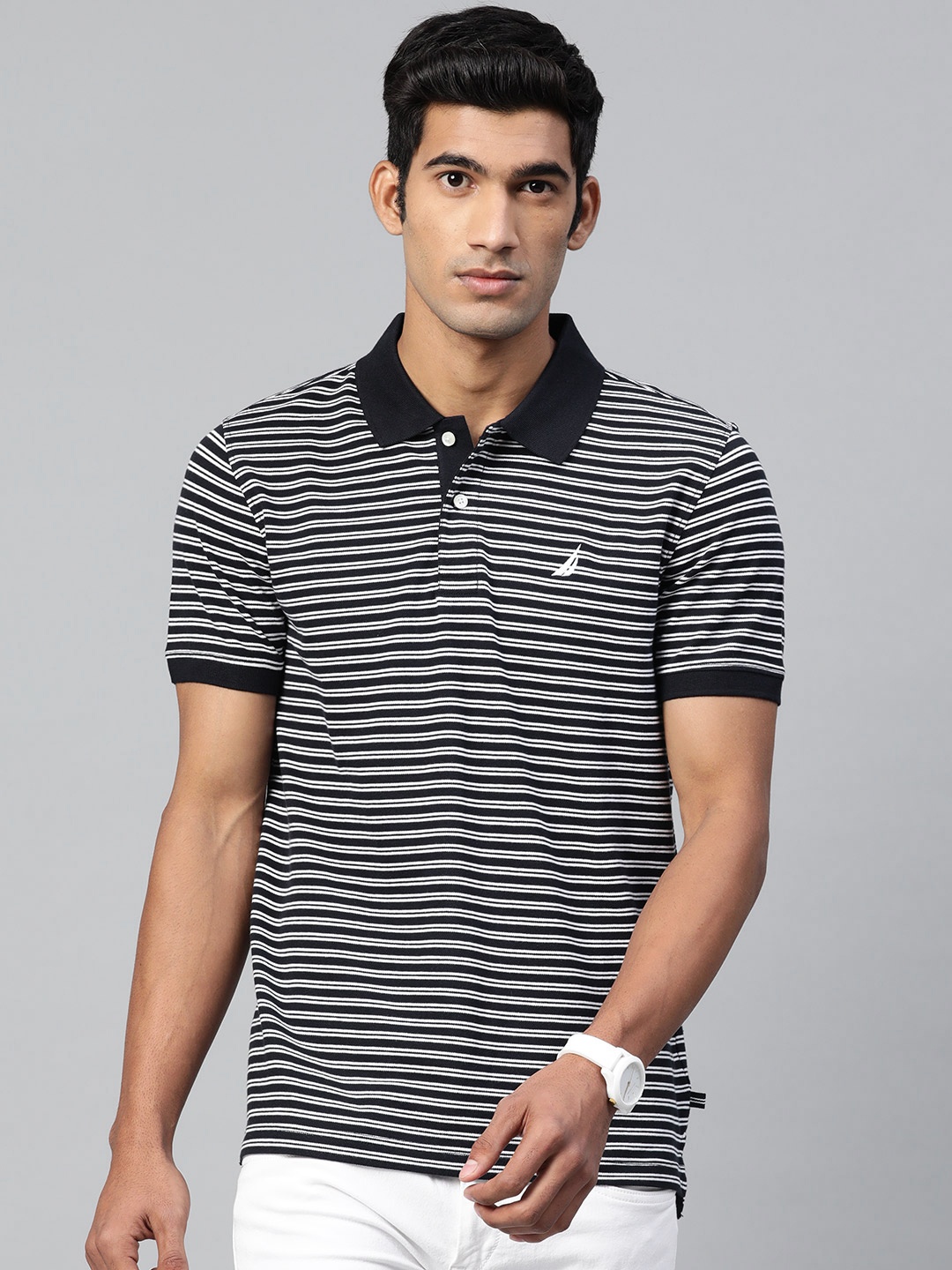 

Nautica Men Navy Blue & White Striped Polo Collar T-shirt