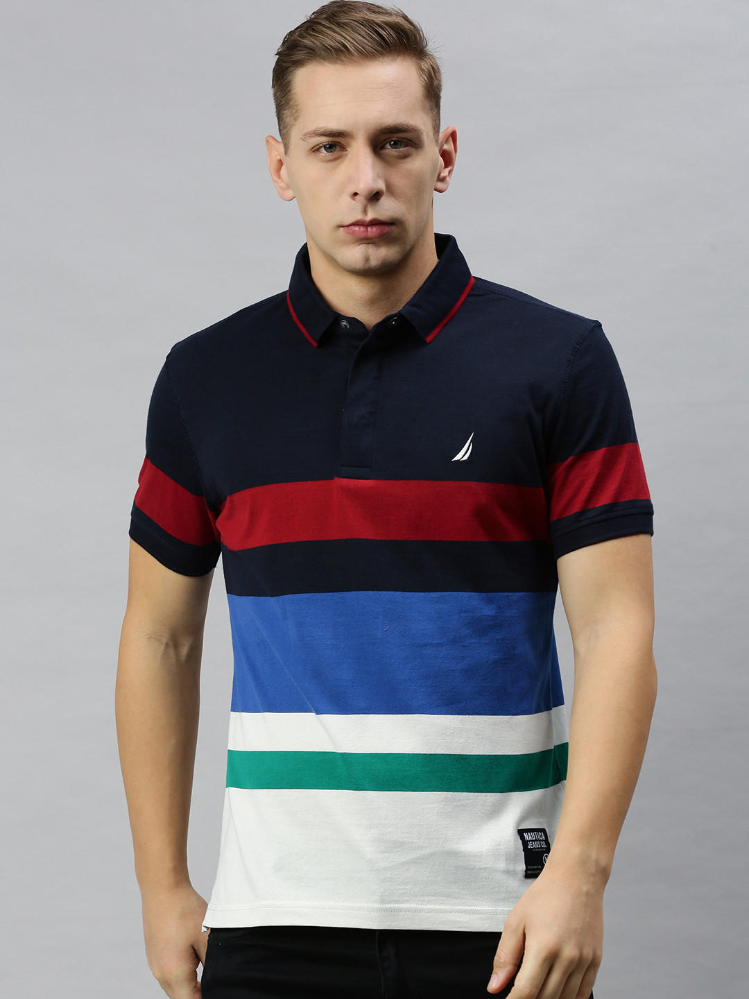 

Nautica Men Navy Blue Red Pure Cotton Colourblocked Polo Collar Pure Cotton T-shirt
