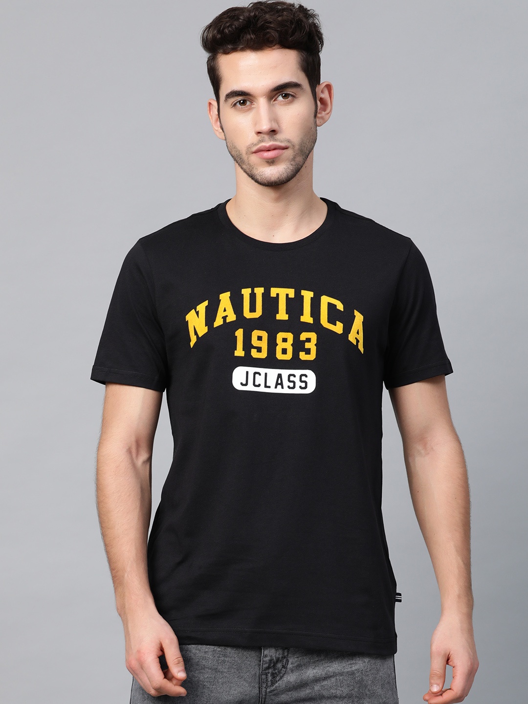 

Nautica Men Black Brand Logo Print Round Neck T-shirt