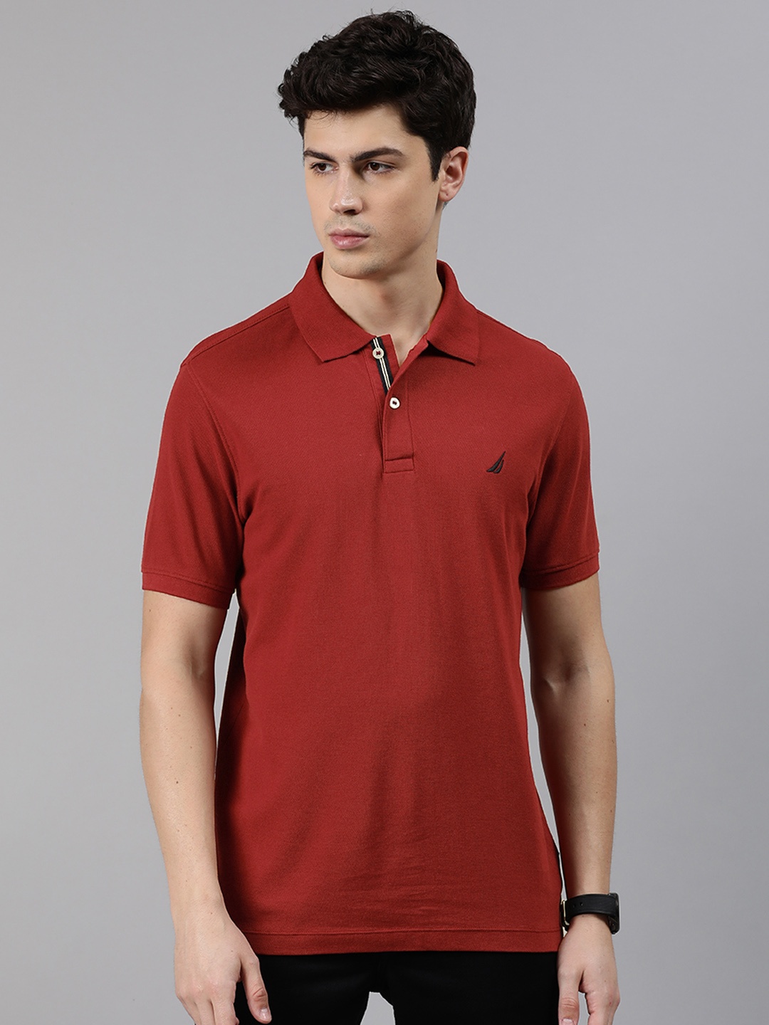 

Nautica Men Maroon Solid Slim Fit Polo Collar Pure Cotton T-shirt