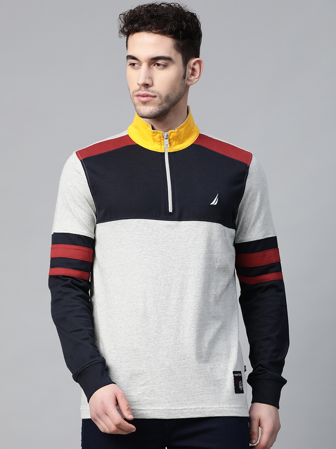 

Nautica Men Grey Melange & Navy Pure Cotton Colourblocked Mock Collar T-shirt