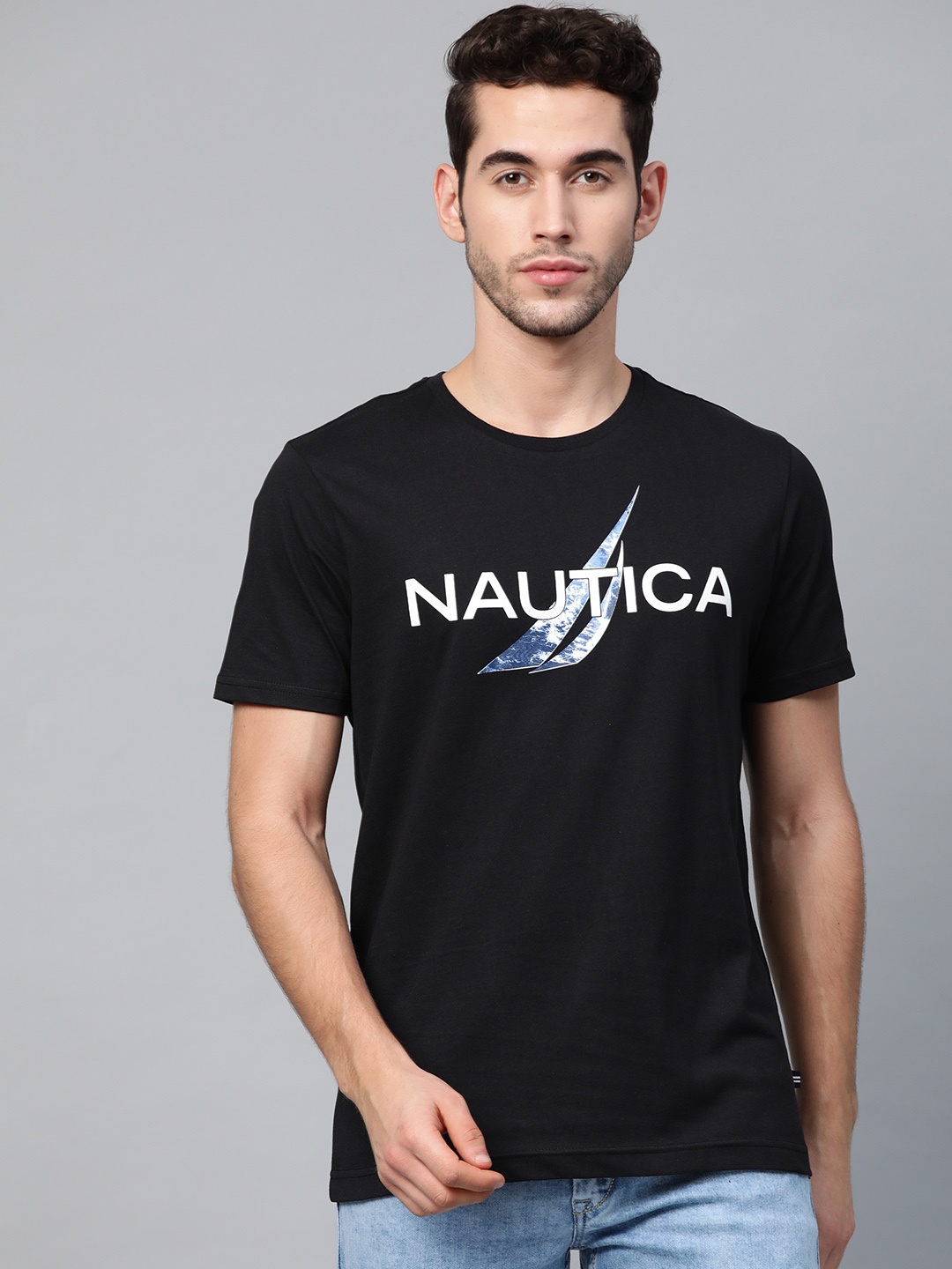 

Nautica Men Black Brand Logo Print Round Neck T-shirt