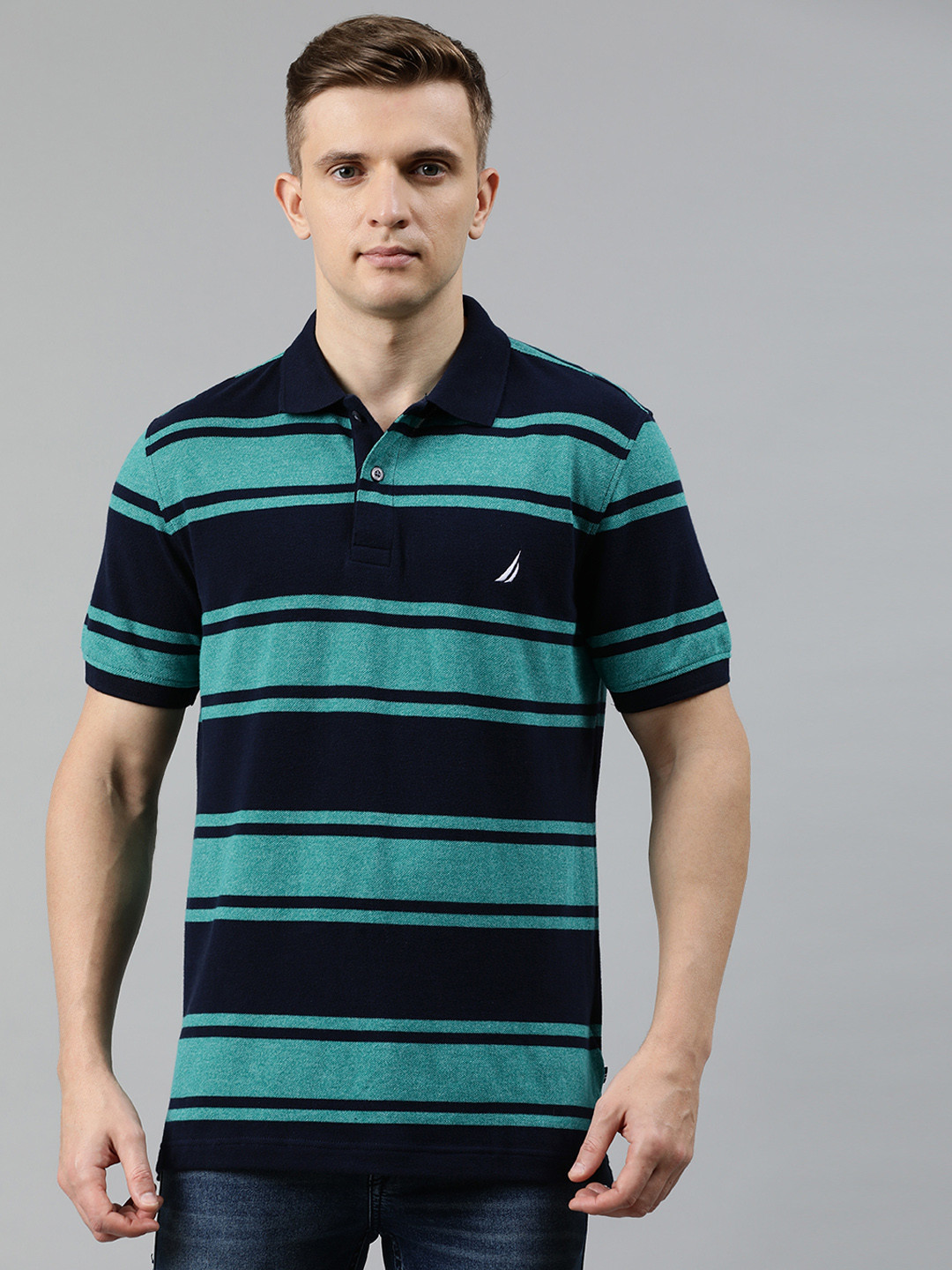 

Nautica Men Navy Blue & Green Striped Polo Collar T-shirt