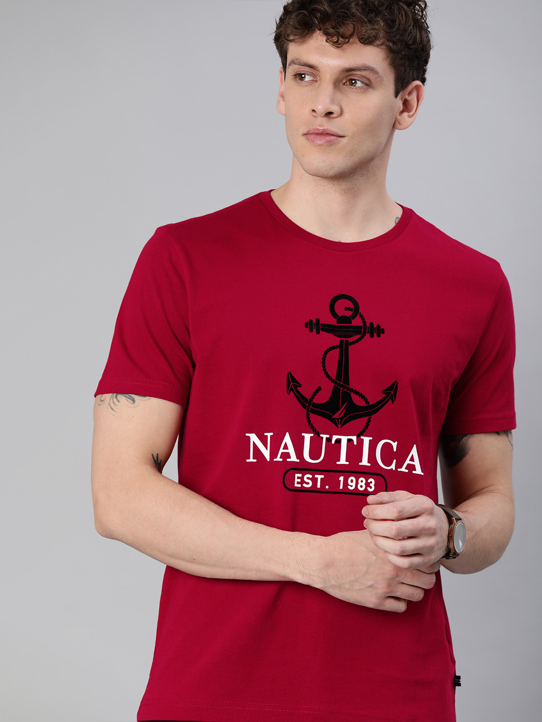 

Nautica Men Red Printed Round Neck Pure Cotton T-shirt