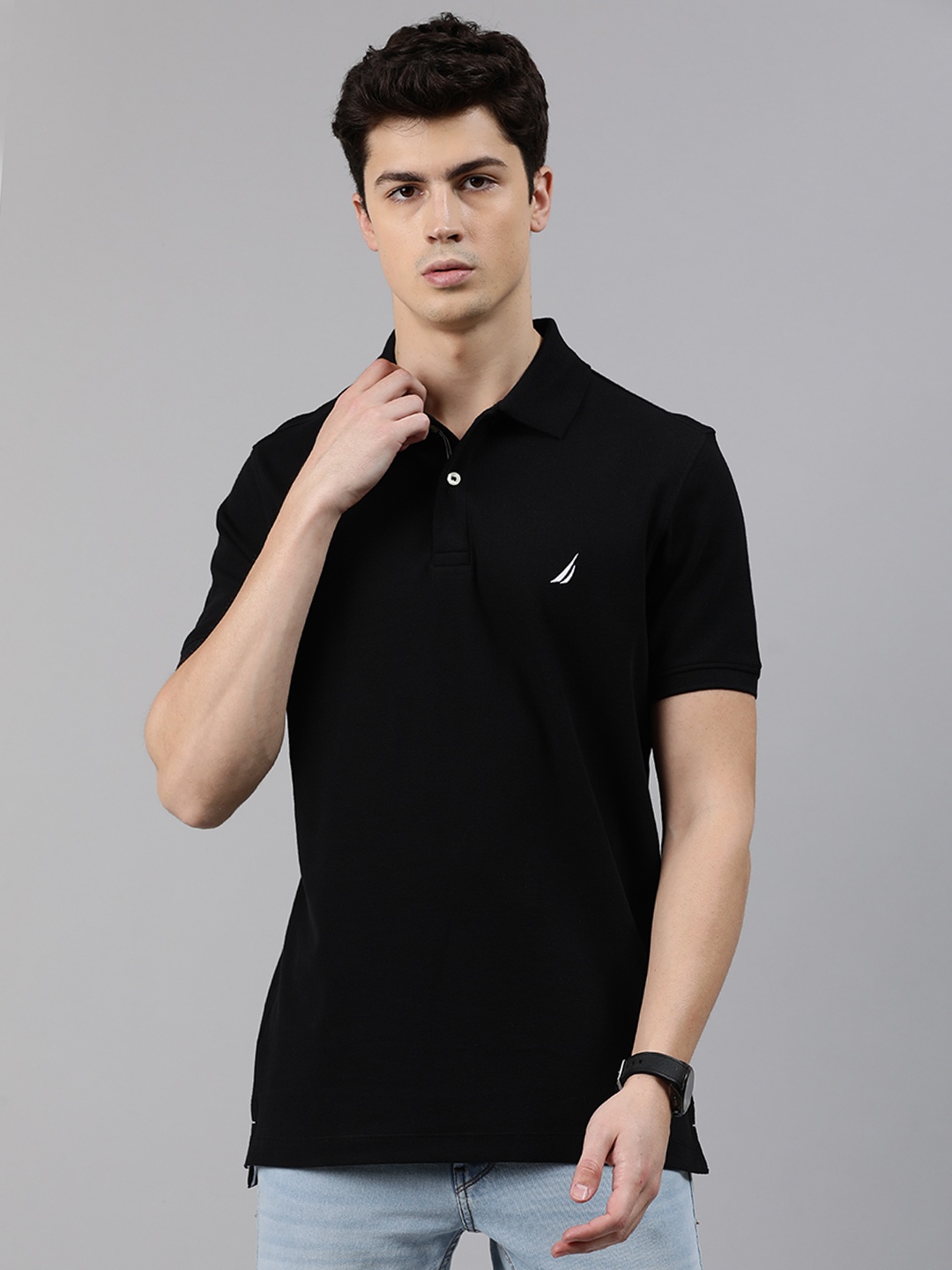 

Nautica Men Black Solid Polo Collar Pure Cotton T-shirt