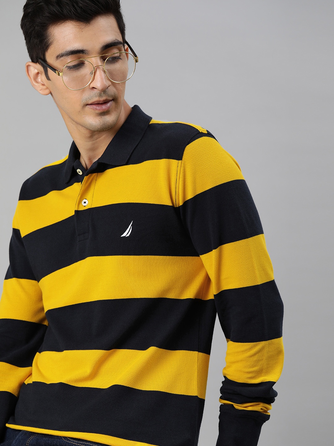 

Nautica Men Navy Blue Mustard Yellow Striped Polo Collar Longline Pure Cotton T-shirt