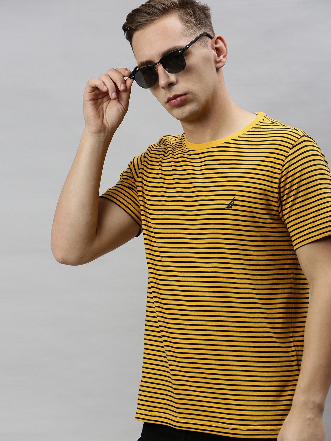 

Nautica Men Mustard Yellow Navy Striped Round Neck Pure Cotton T-shirt