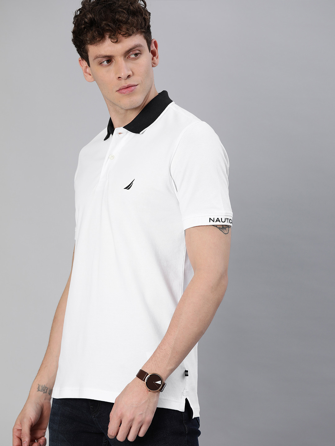 

Nautica Men White Solid Polo Collar T-shirt
