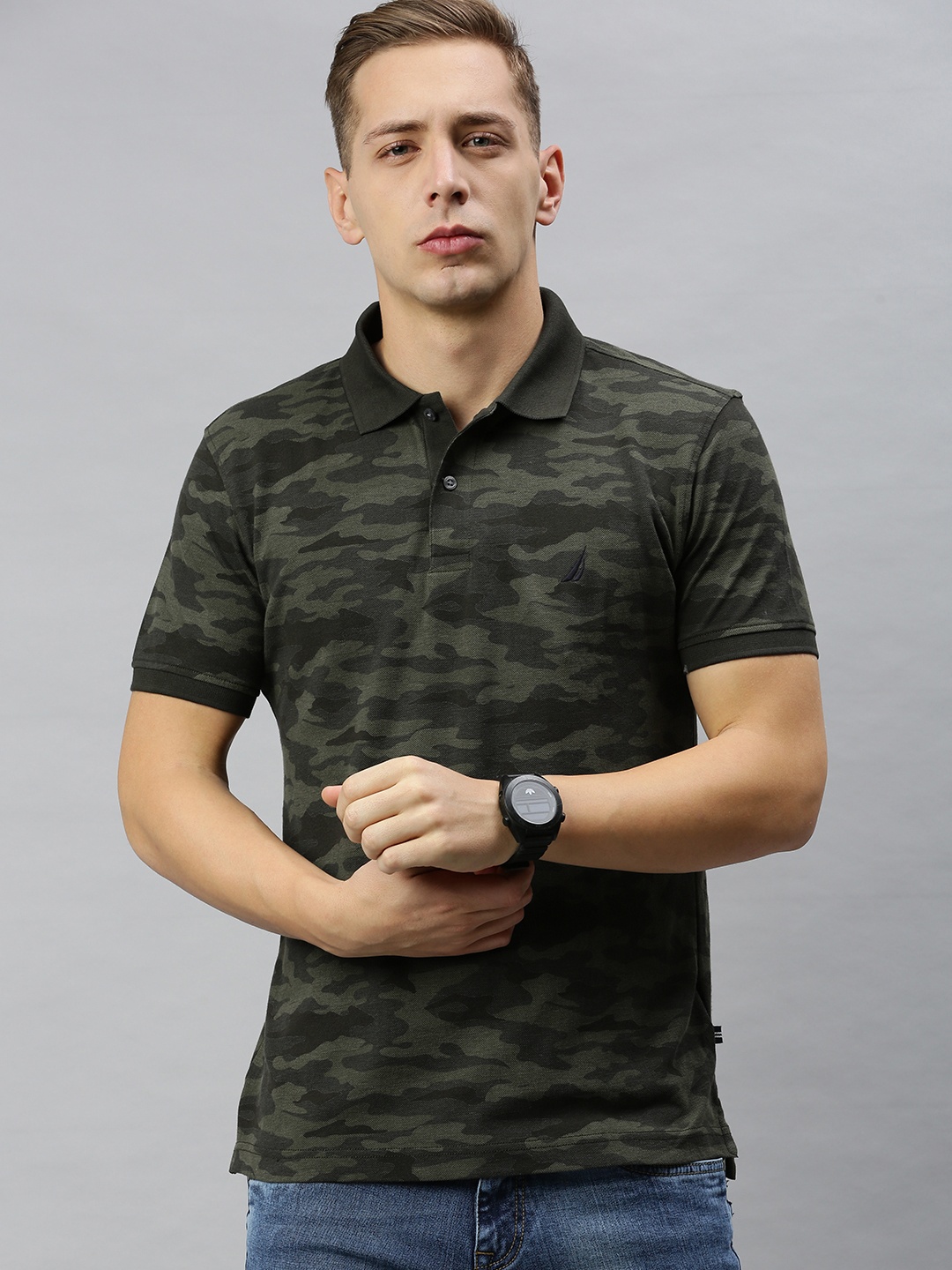 

Nautica Men Olive Green Black Pure Cotton Camouflage Print Polo Collar Pure Cotton T-shirt